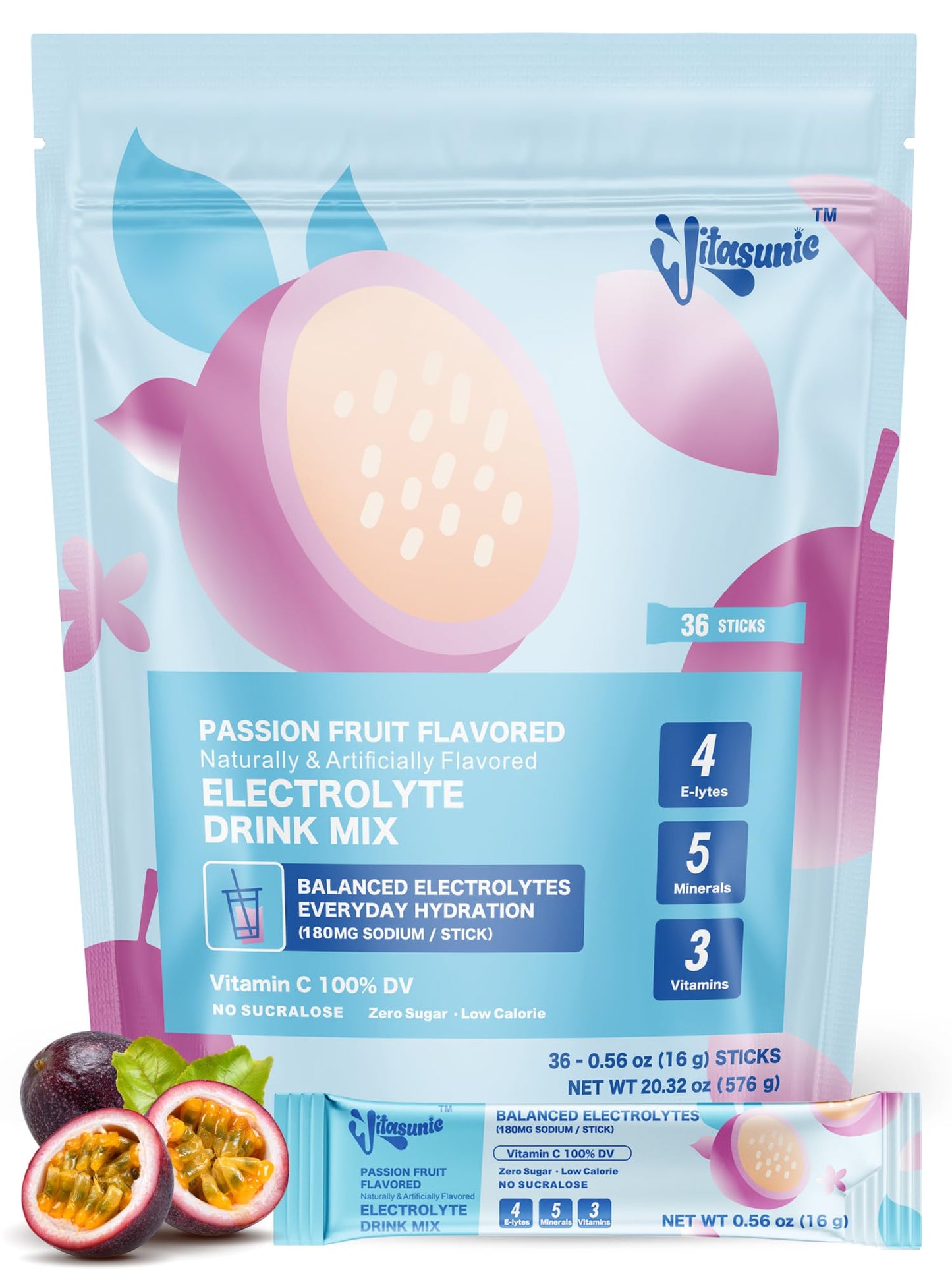 VITASUNIC Electrolyte Powder Packets, Sugar Free Passion Fruit, 0.56 Ounce (Pack of 36)