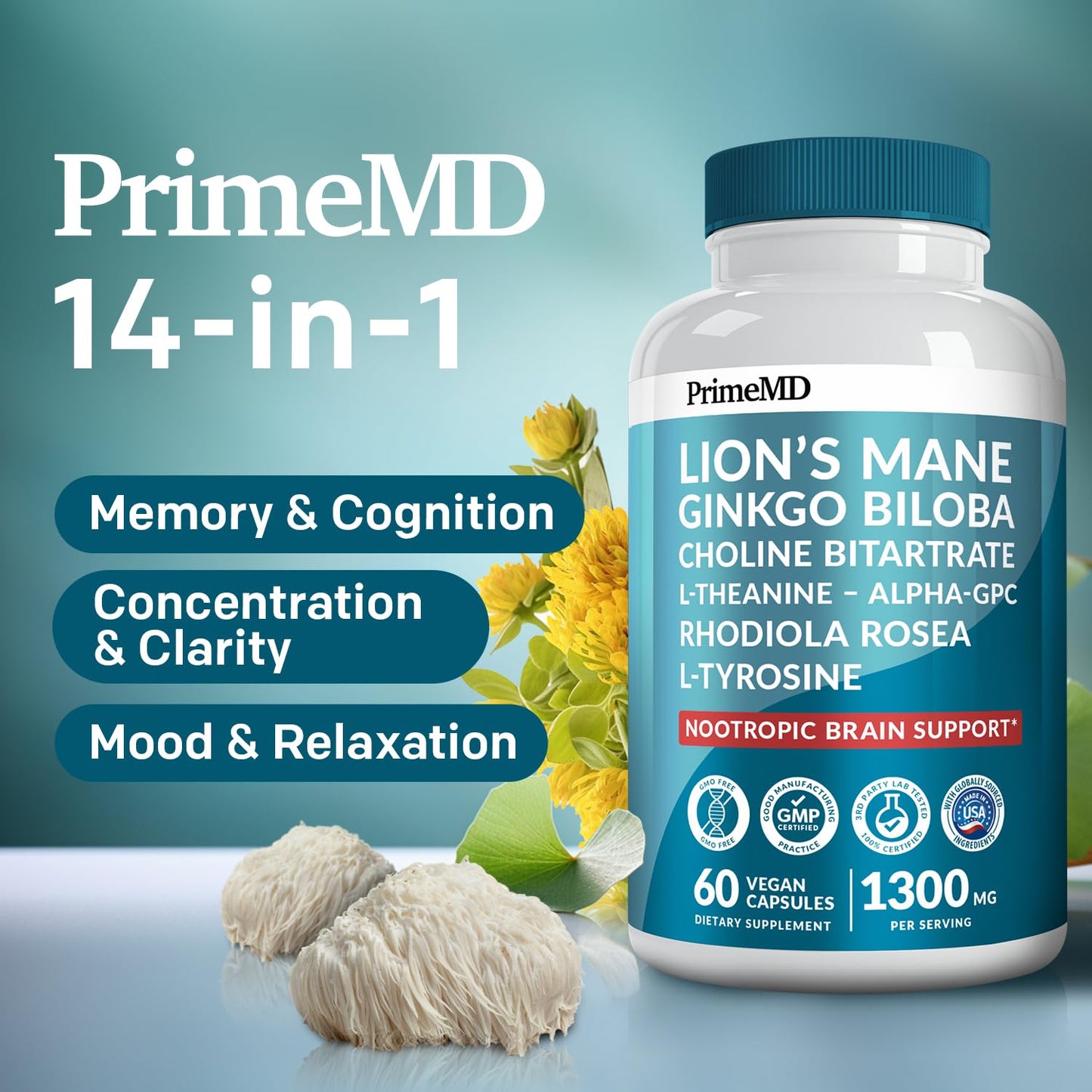 PrimeMD 14-in-1 Lions Mane Supplement Capsules, 60 Count