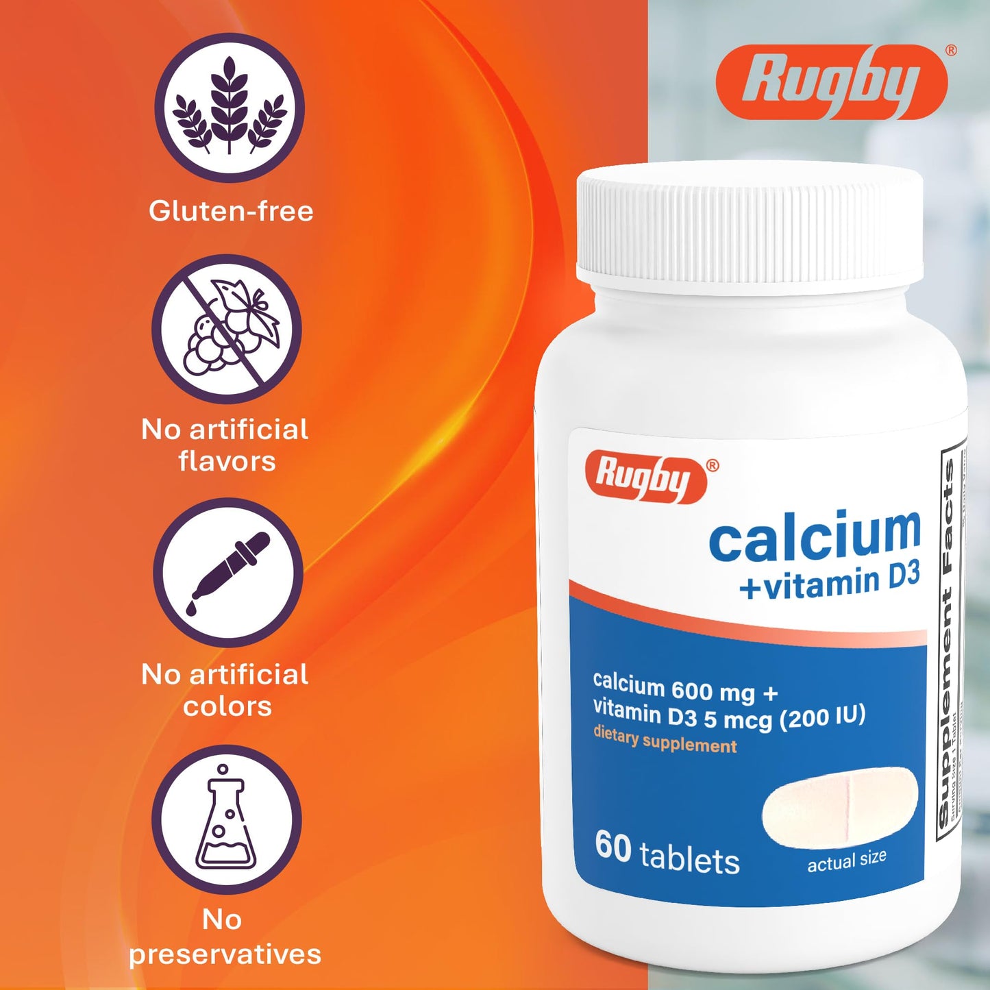 Rugby Laboratories Calcium 600 mg Tablets with Vitamin D3 200IU (5 mcg) Gluten-Free Daily Vitamin D Dietary Supplement for Bone Health and Calcium Absorption, 60 Tablets