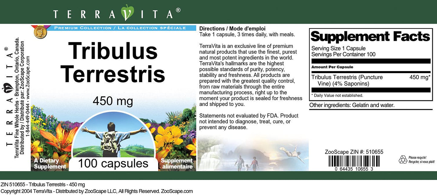 Terravita Tribulus Terrestris 450 mg Capsules, 300 Count