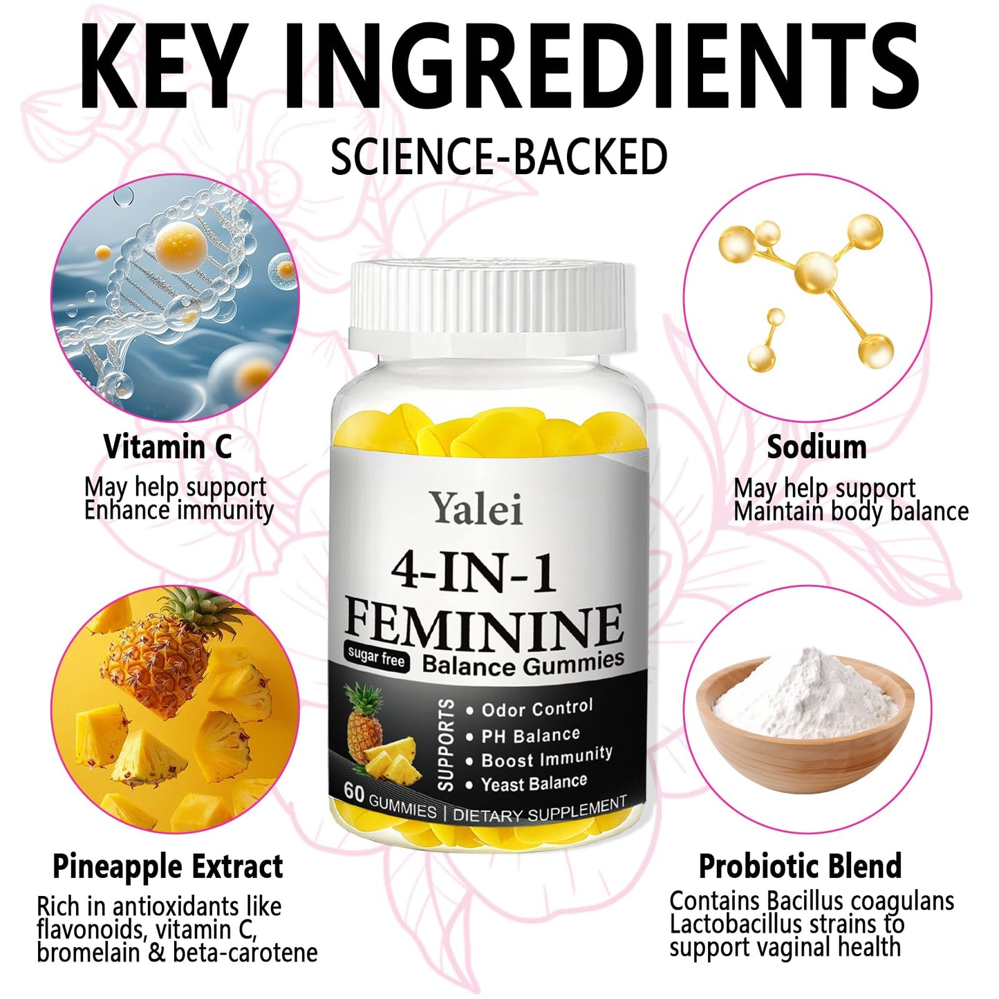 Yalei 4-in-1 Premium Feminine Balance & pH Balance Gummies for Women, 60 Count