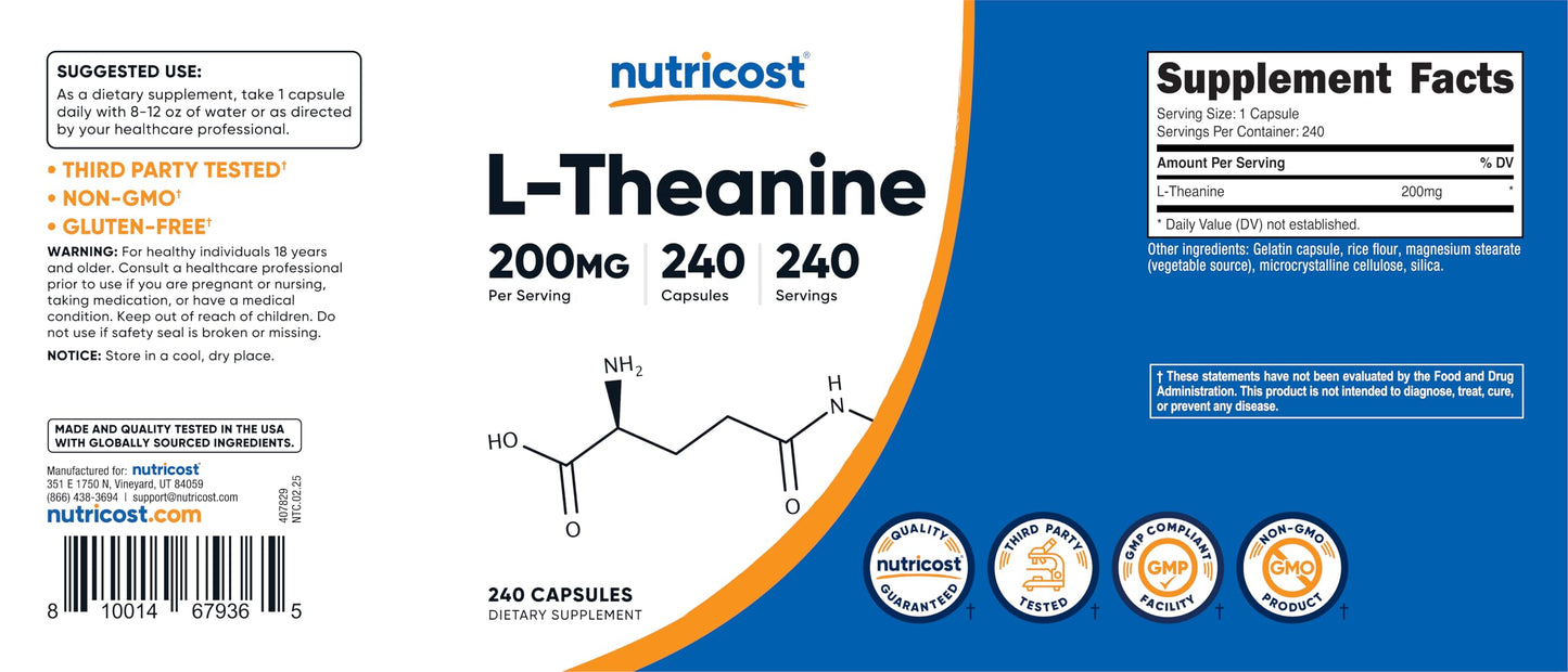 Nutricost L-Theanine 200mg Capsule, 240 Capsules