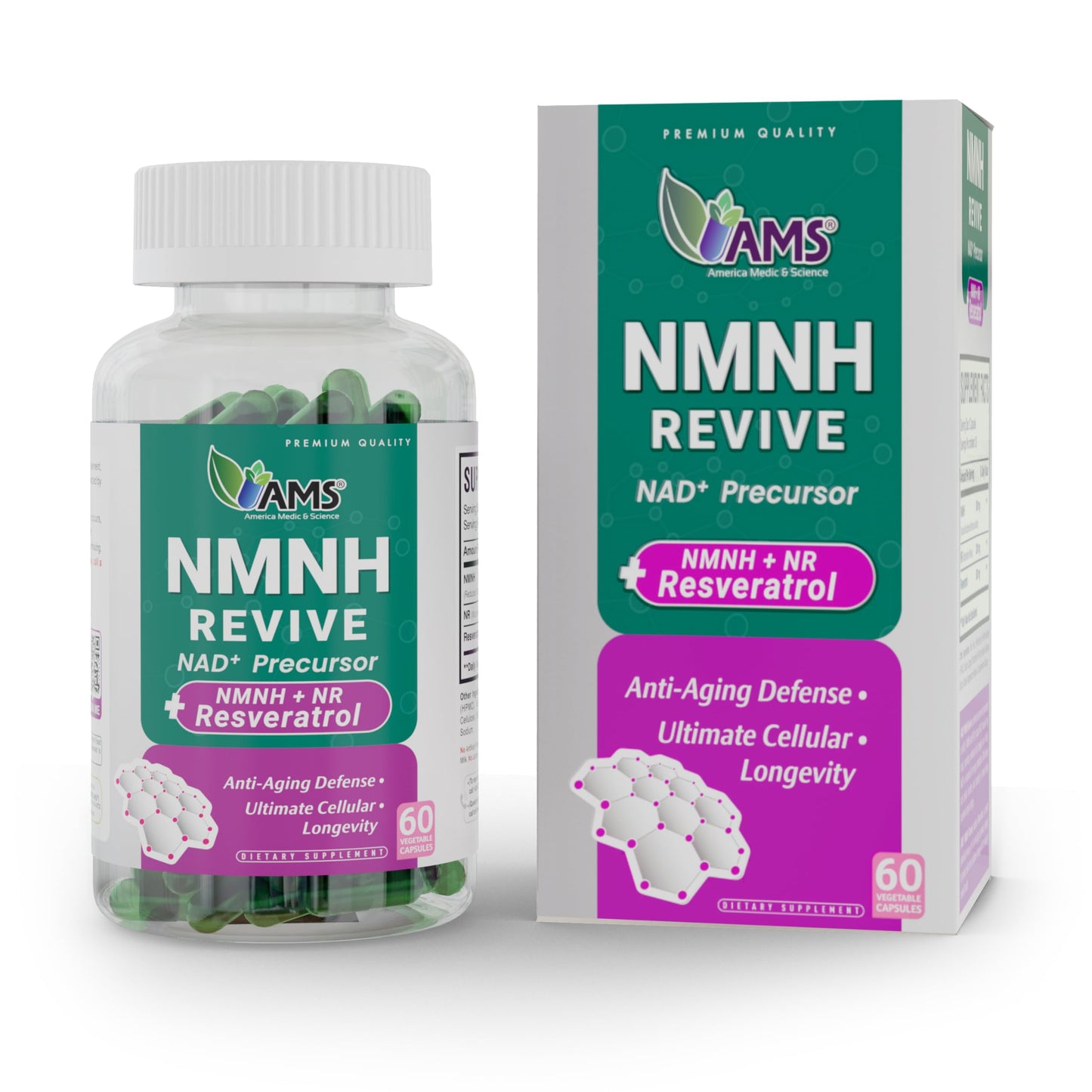 America Medic & Science NMNH Revive Dual NAD+ Precursor Supplement for Longevity, Healthy Aging, Energy, Metabolic Function, Skin & Cellular Health, 60 Capsules