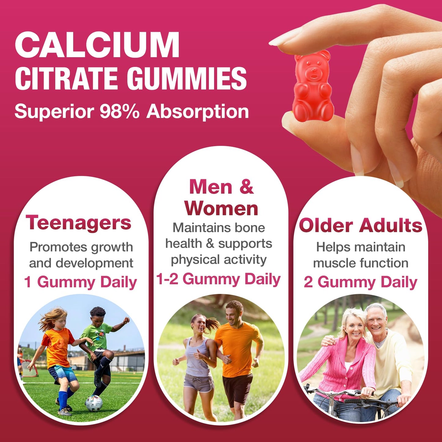 Haohan Calcium Citrate Gummies 1200mg - Sugar-Free Chewable Supplement for Women & Men with Bone, Muscle & Immune Support - Raspberry Flavor, 2-Pack