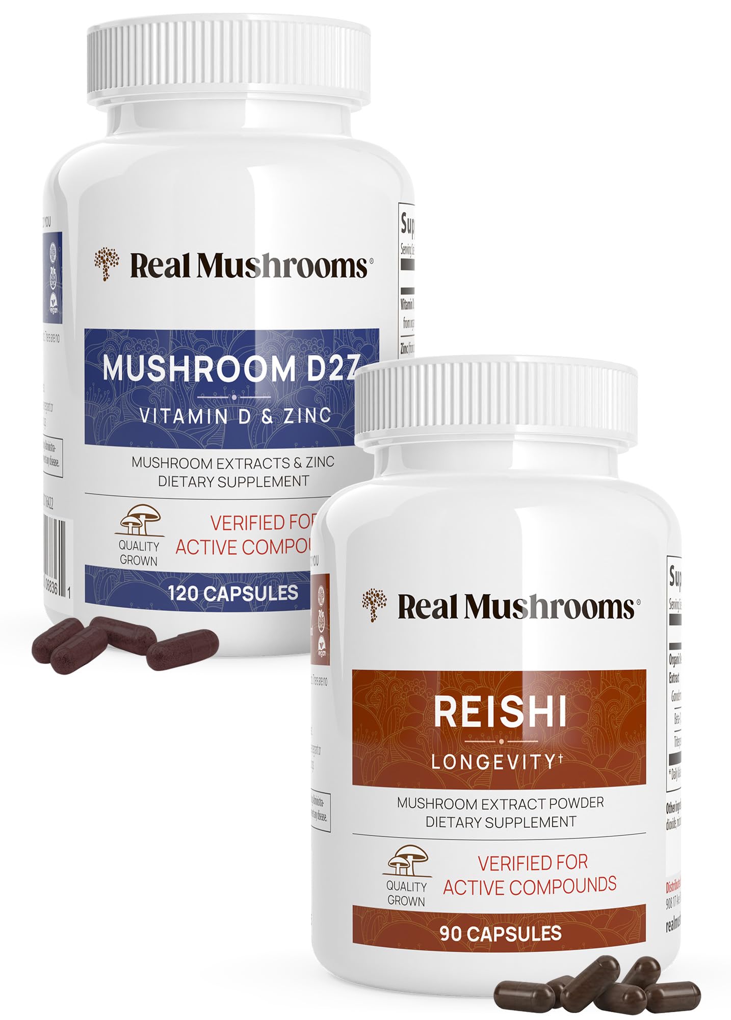 Real Mushrooms Vitamin D2, Zinc (120ct) and Reishi 415 (90ct) Bundle with Chaga Capsules, 2 Capsules