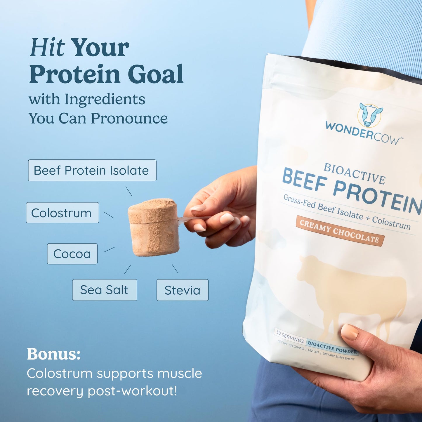 WONDERCOW Beef Protein Isolate Powder w/Bovine Colostrum Supplement, Chocolate, 30 Servings