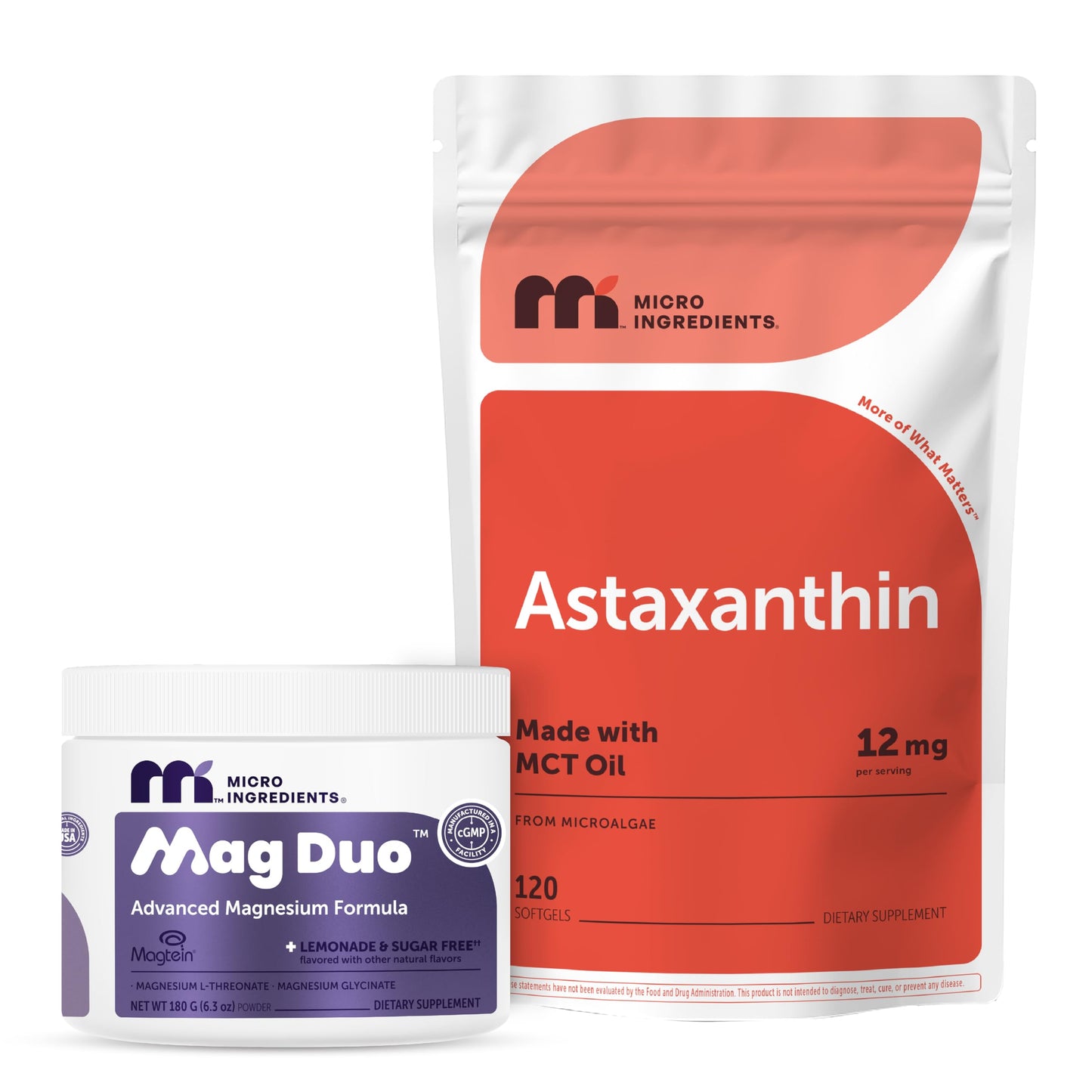 Micro Ingredients Mag Duo Magtein Magnesium L-Threonate Powder & Astaxanthin 12mg Softgels 2 Pack Bundle