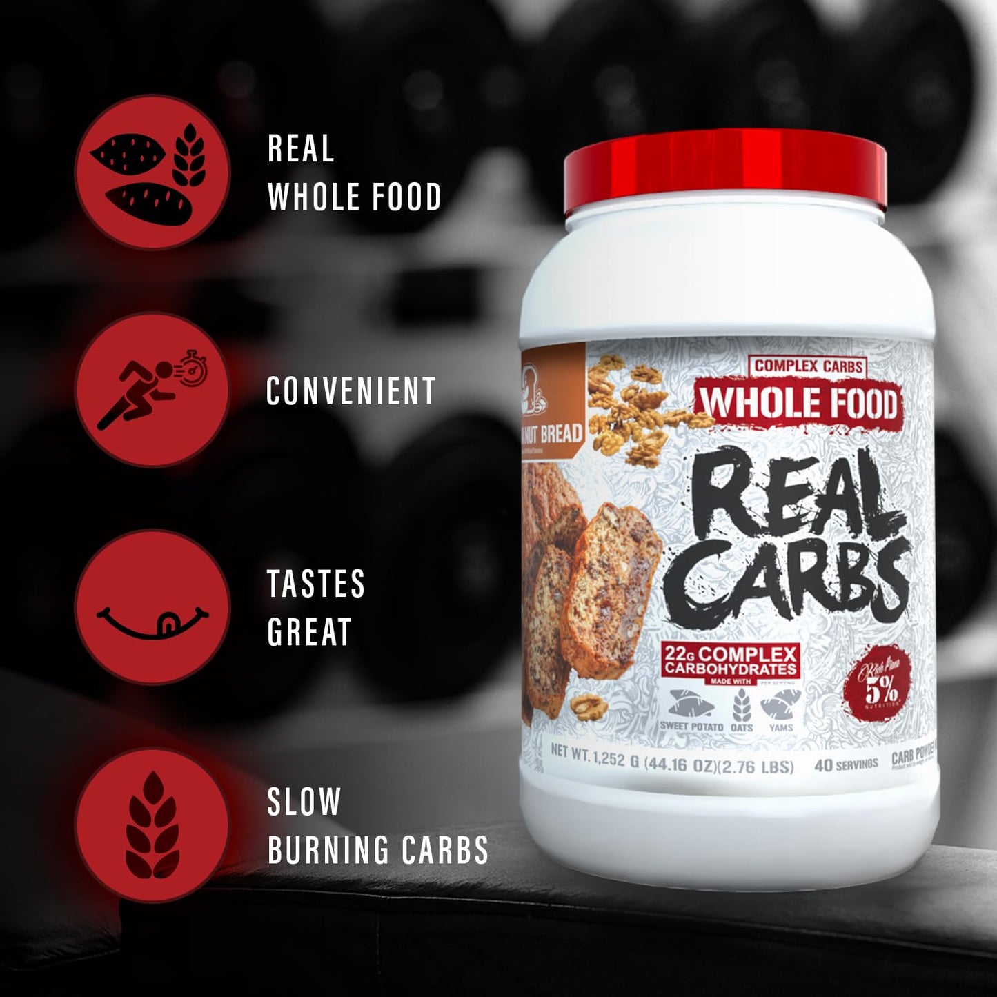 5% Nutrition Rich Piana Real Carbs with Real Food Complex Carb Powder, Banana Nut Bread, 40 Servings