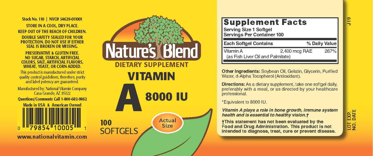 Nature's Blend Vitamin A 8000 IU Softgels 100 Count