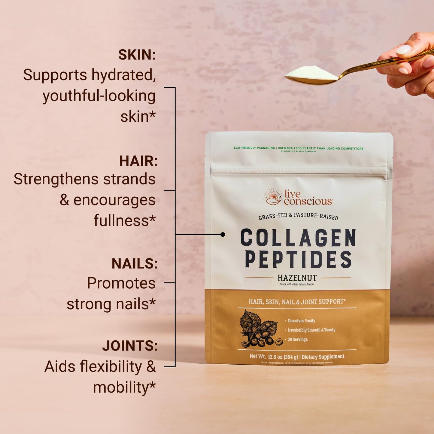 Live Conscious Collagen Peptides Powder Hazelnut Flavored - Hair, Skin, Nail & Joint Support - Type I & III Grass-Fed - 12.04 oz