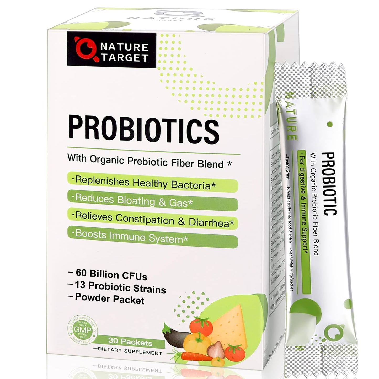 NATURE TARGET Probiotic Powder for Women & Kids, 60 Billion CFU, 30 Packets