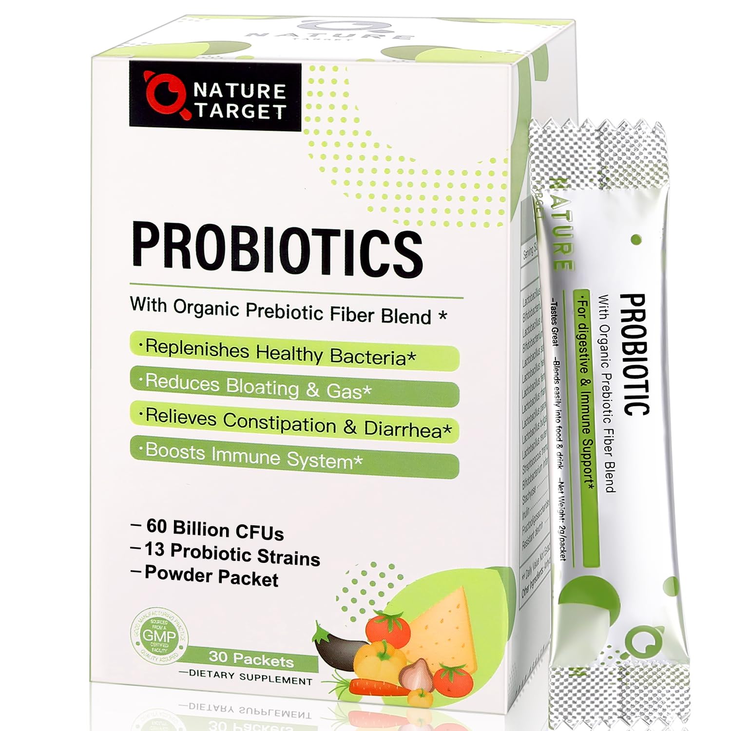 NATURE TARGET Probiotic Powder for Women & Kids, 60 Billion CFU, 30 Packets
