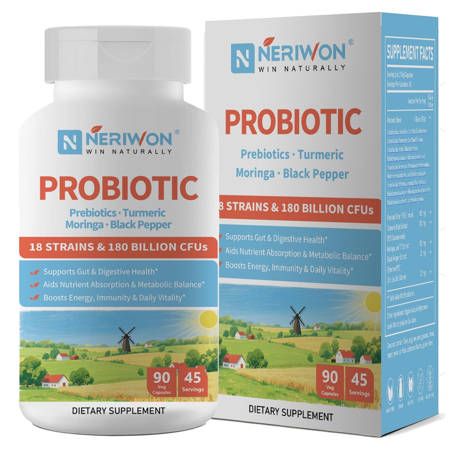 NERIWON Probiotics 180 Billion CFU 18 Strains for Women & Men, Digestive Health, Gas & Bloating Relief, Immune Support, Shelf Stable, Non-GMO, Gluten Free, Capsule, 90 Veggie Capsules