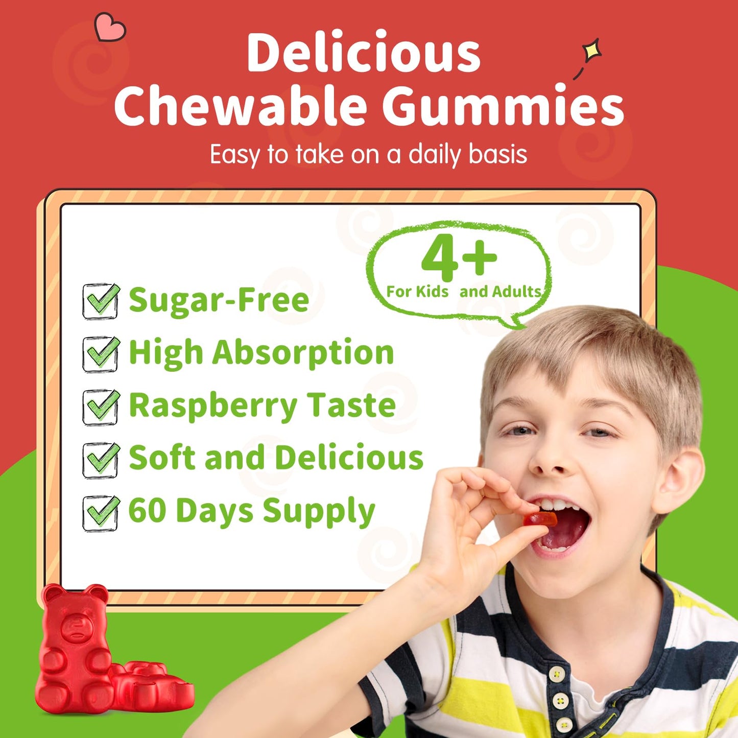 ReviNutra Magnesium Glycinate Gummies with L-Theanine, Vitamin B6, D3 for Kids & Adults Sugar Free Raspberry, 60 Count