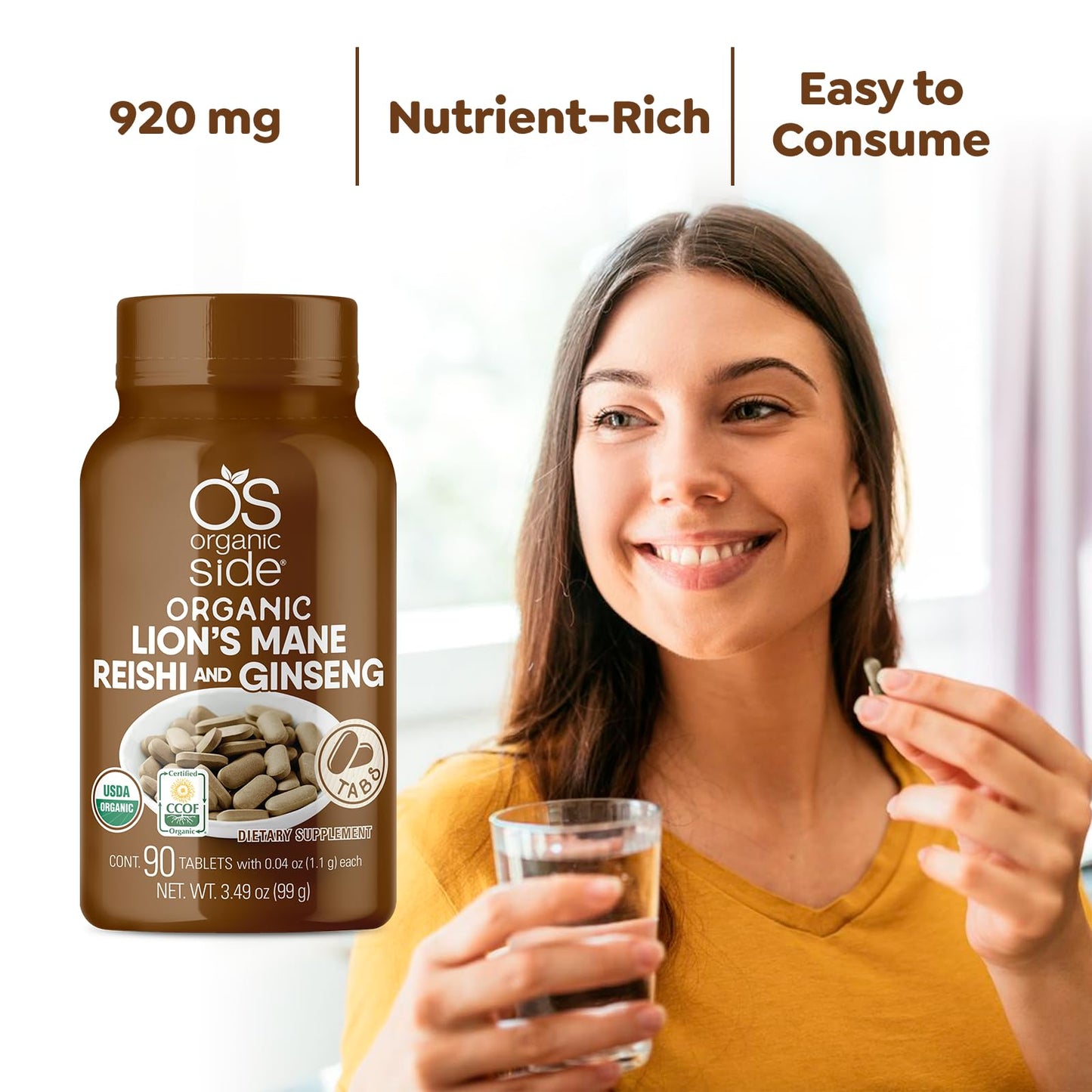 OS Organic Side Lions Mane, Reishi, & Ginseng Tablets 90 Tablets