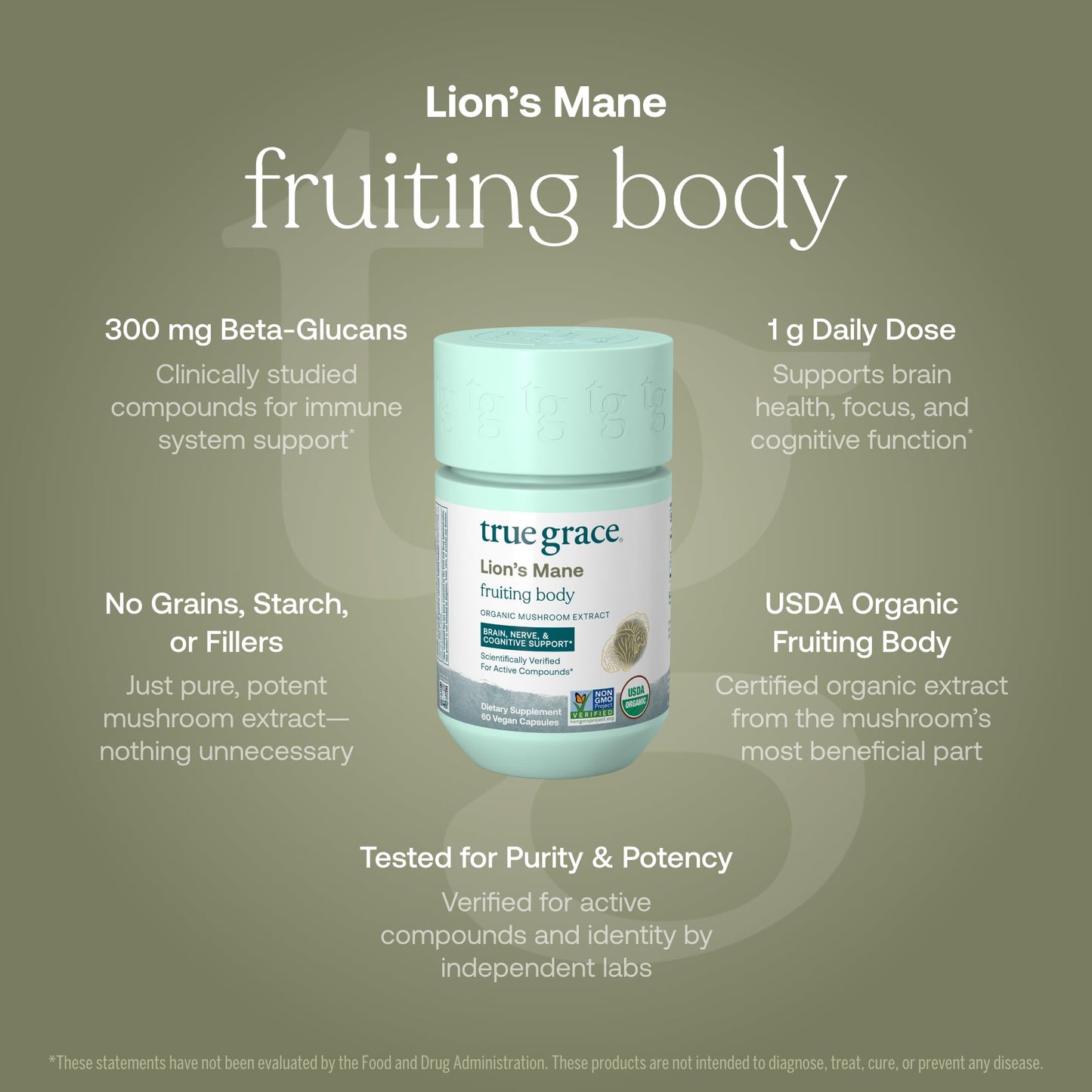 True Grace Lion's Mane Mushroom Brain, Nerve & Cognitive Support Capsules, 60 Count