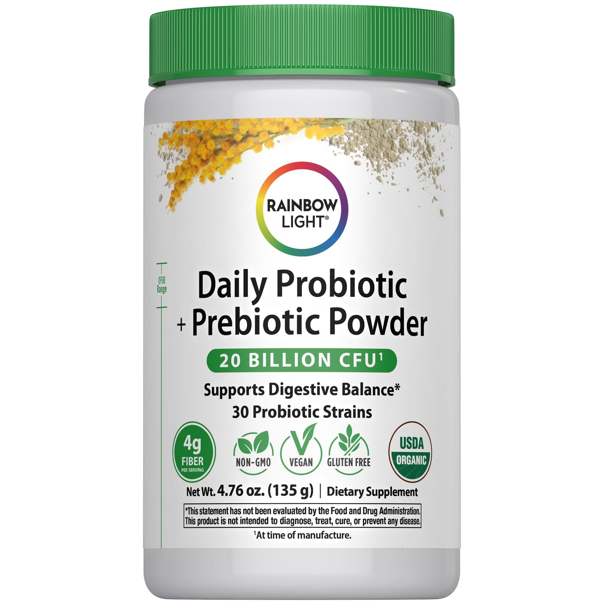 Rainbow Light Daily Probiotic & Prebiotic Powder 20 Billion CFU, 30 Probiotic Strains & Organic Prebiotic Fiber, for Men and Women, Supports Digestive Balance, 4.76 oz