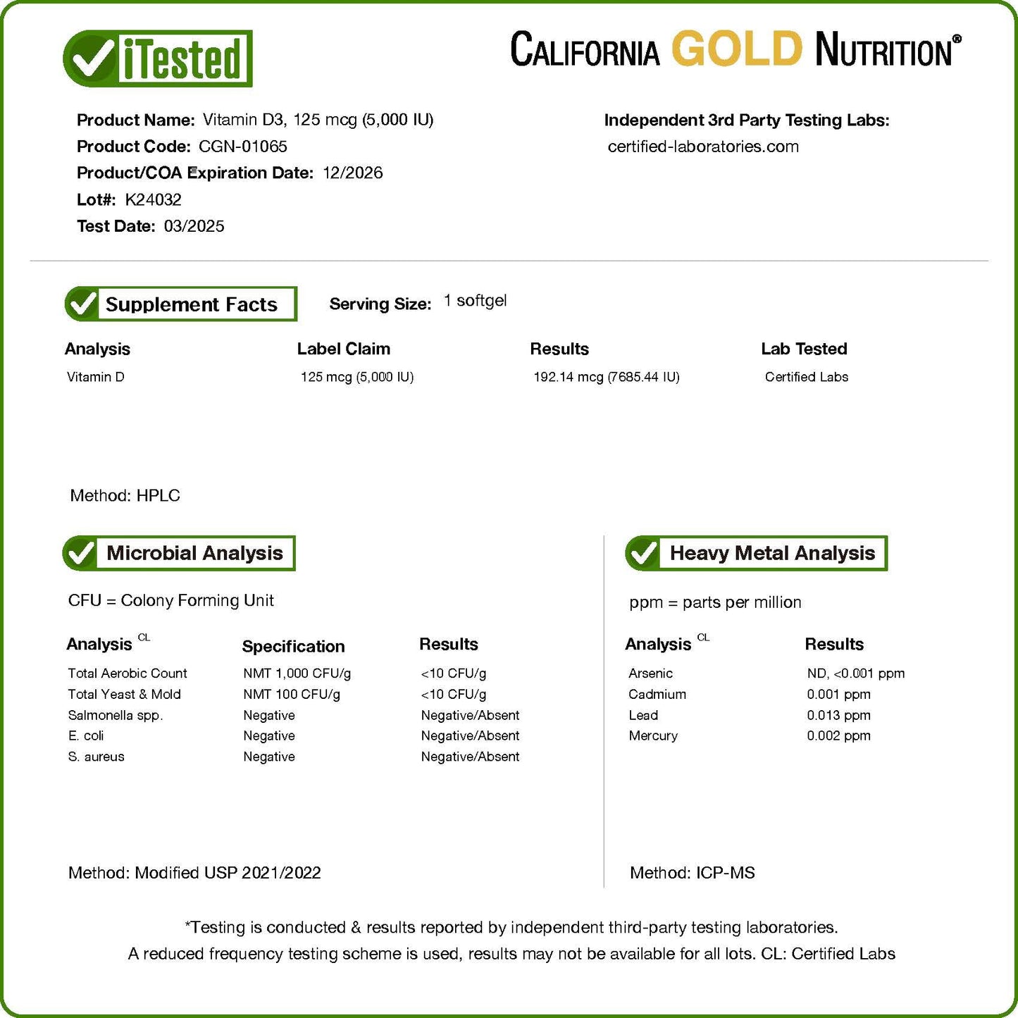 California Gold Nutrition Vitamin D3 Supplement Softgels 90