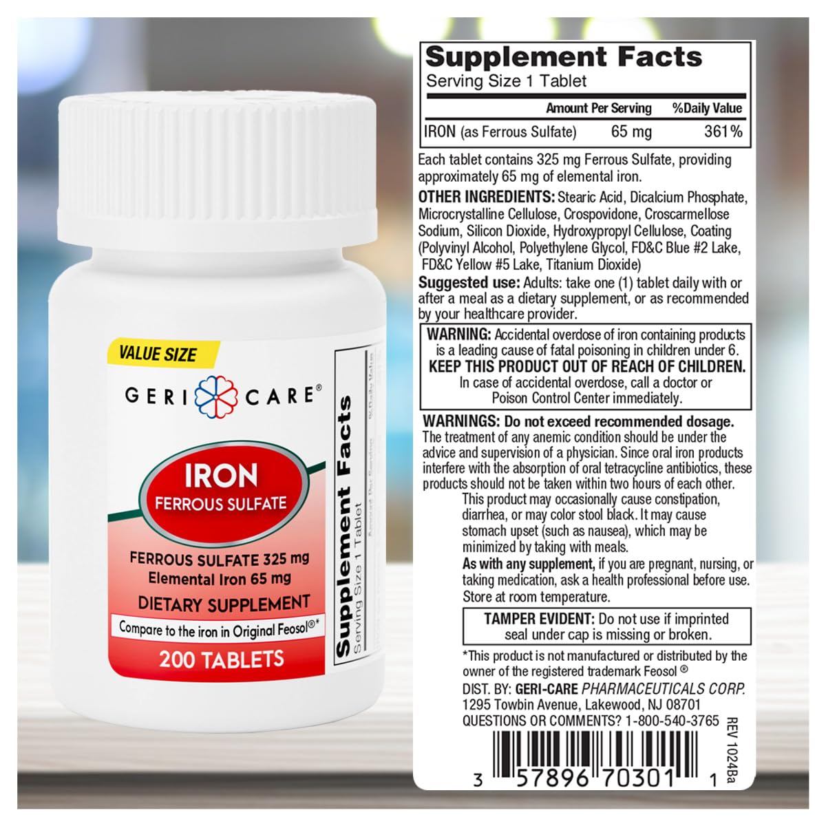 GeriCare Ferrous Sulfate Tablets 200 Count