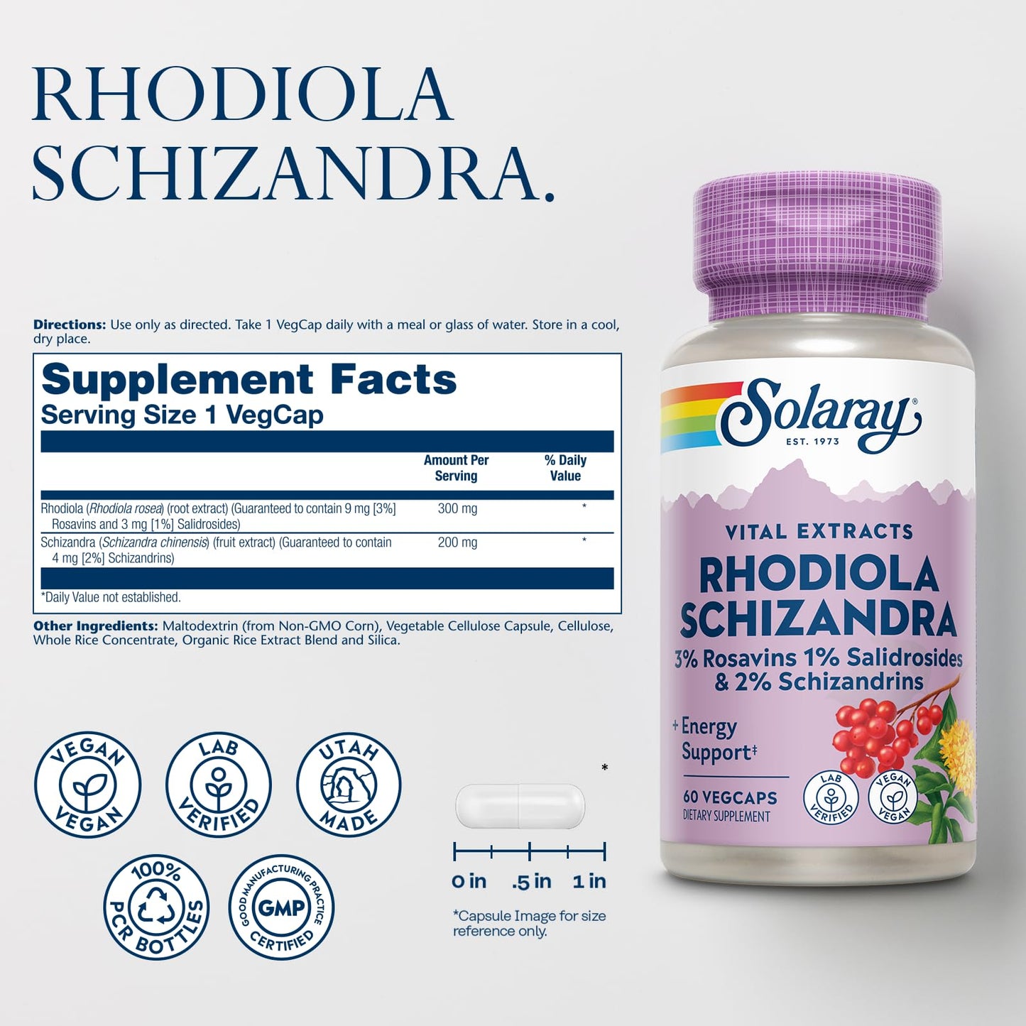 SOLARAY Rhodiola Schizandra Rhodiola Rosea Extract Energy Support and Occasional Stress Relief Supplement Capsules 60 Count