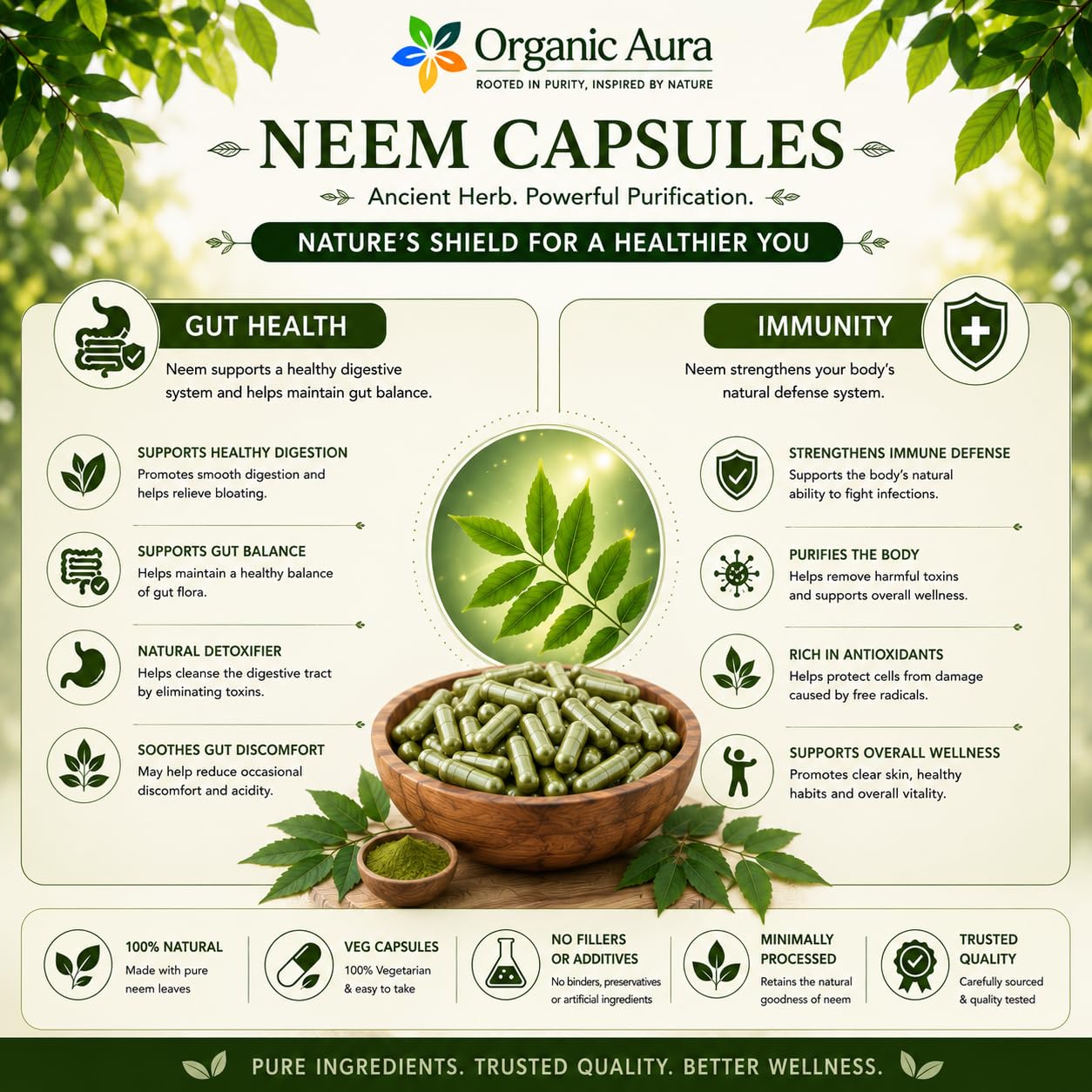 Organic Aura International Neem Capsules 120 Capsules