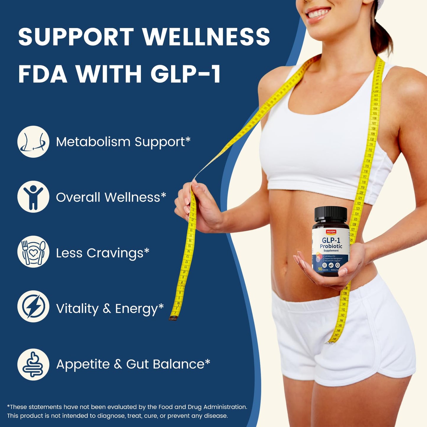 NUISM GLP-1 Supplement with Akkermansia Probiotic 100 Billion CFU–Hops & Eriocitrin for Appetite Control and Metabolic Support Capsule 90 Count