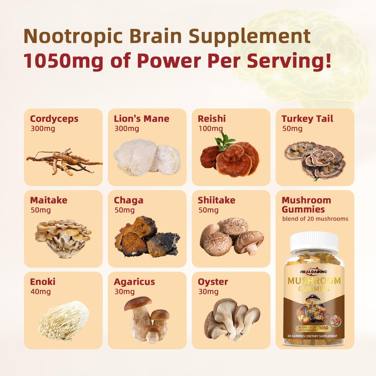 HEALOADING Mushroom Gummies with Lion's Mane & Cordyceps - Immune Support, Brain Health & Memory Enhancement - Vegan Mushroom Complex with Vitamin D3, B6, B9 & B12 - Focus, Energy & Cognitive Function Supplement, 60 Gummies