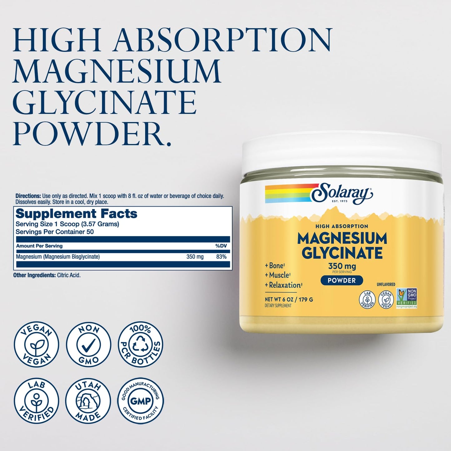 SOLARAY Magnesium Glycinate Powder and Vitamin D3 K2 Bundle, 6oz/60ct