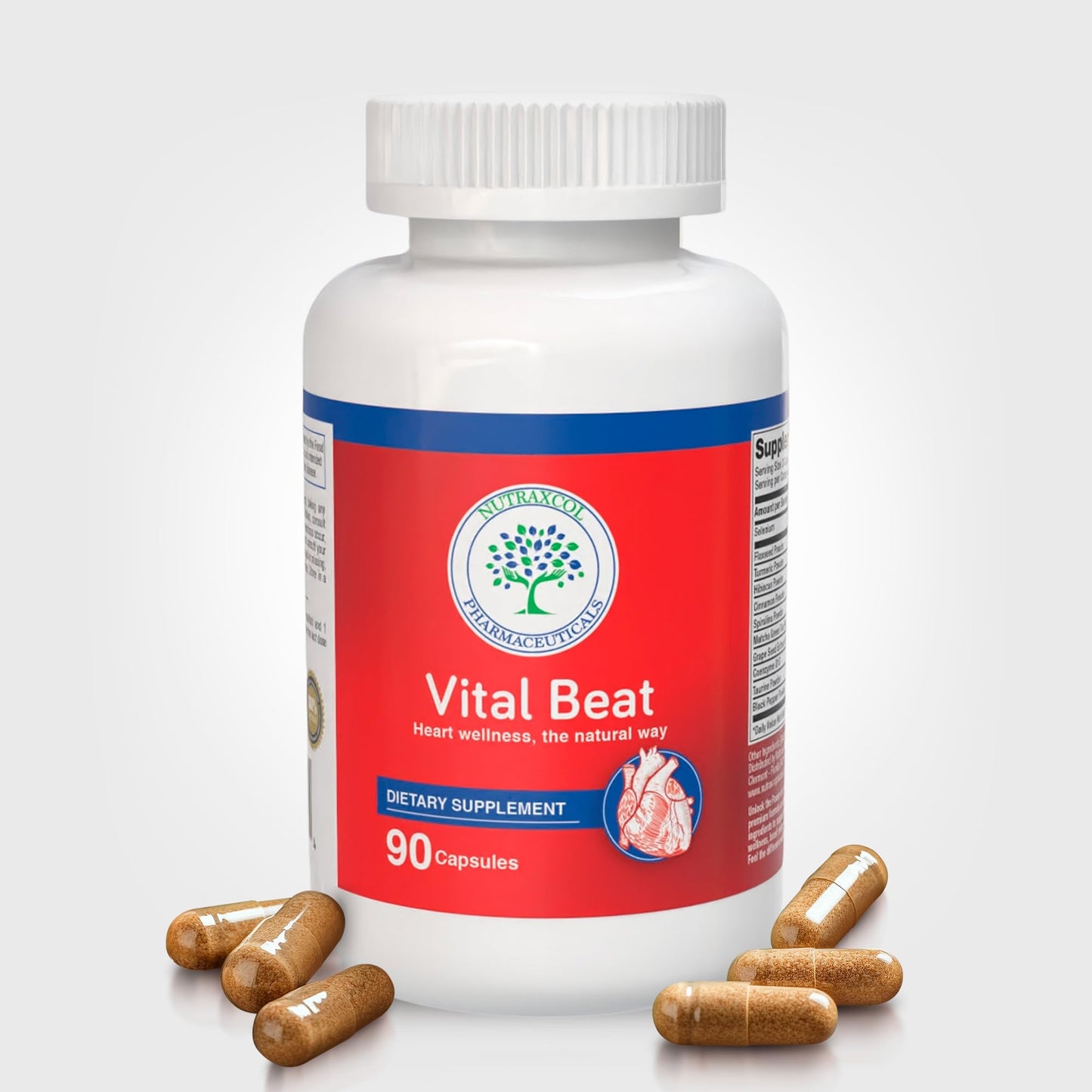 Nutraxcol Pharmaceuticals Vital Beat Cardiovascular Support Supplement with CoQ10, Flaxseed, Grape Seed, Turmeric & Taurine Capsule, 90 Count
