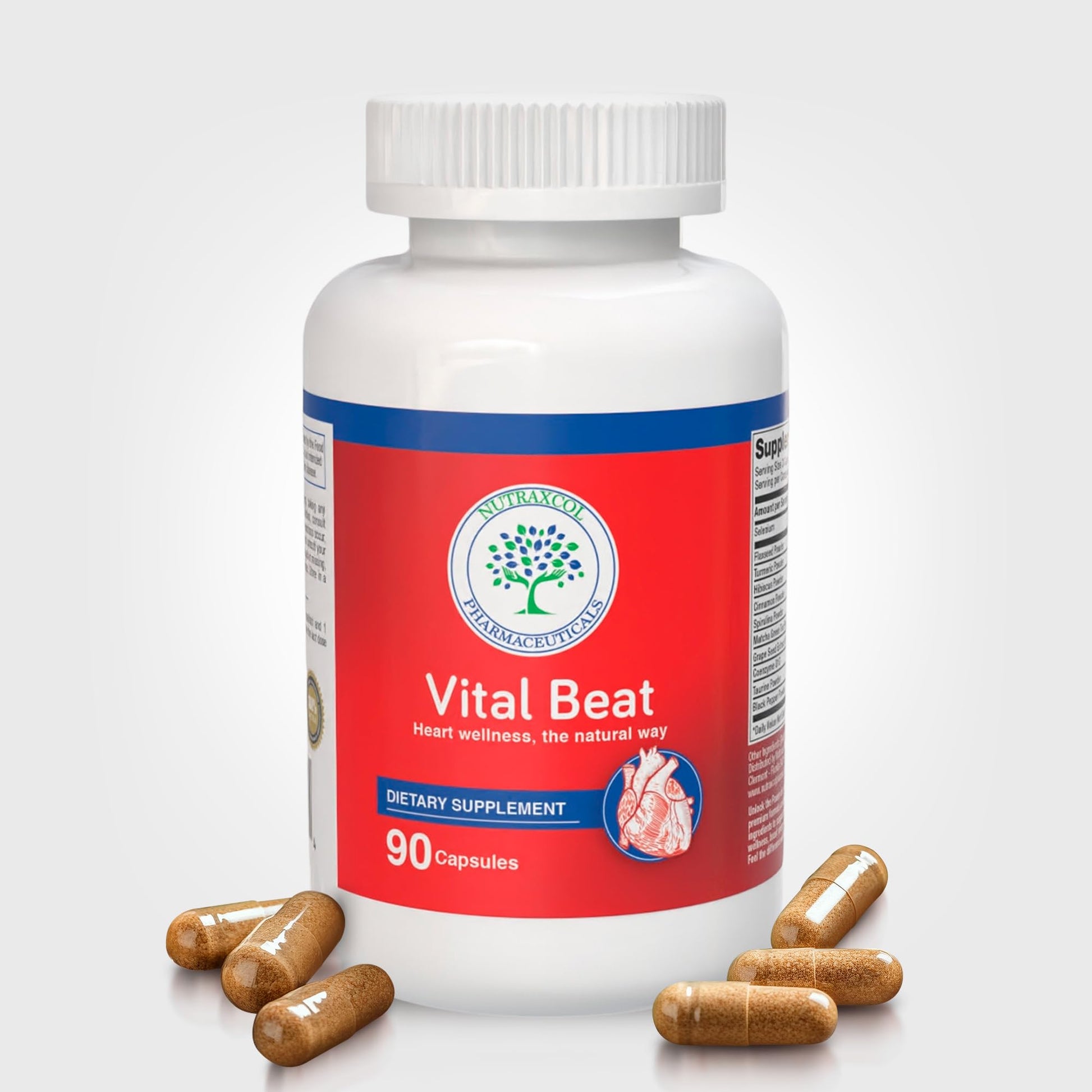 Nutraxcol Pharmaceuticals Vital Beat Cardiovascular Support Supplement with CoQ10, Flaxseed, Grape Seed, Turmeric & Taurine Capsule, 90 Count