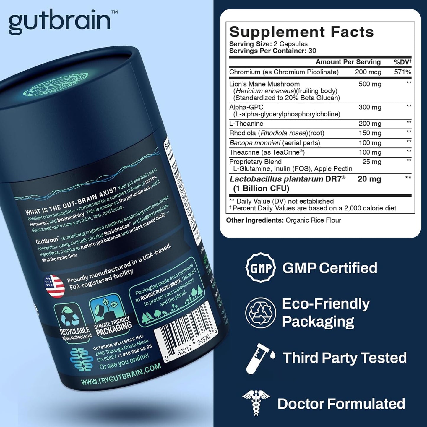 Purity Labs GutBrain Brain Supplement for Memory and Focus with Probiotics, Advanced 2-in-1 Nootropic Brain Support for Mental Clarity, Caffeine Free Doctor Formulated, 60 Capsules