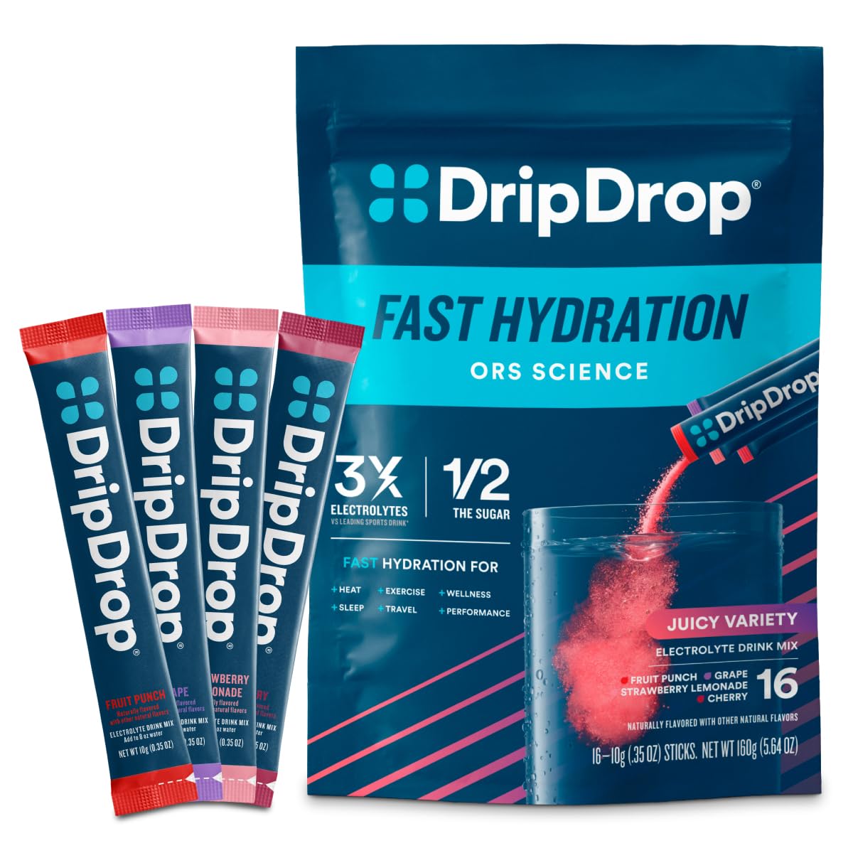DripDrop Hydration Juicy Variety Pack Electrolyte Packets Powder 16 Count