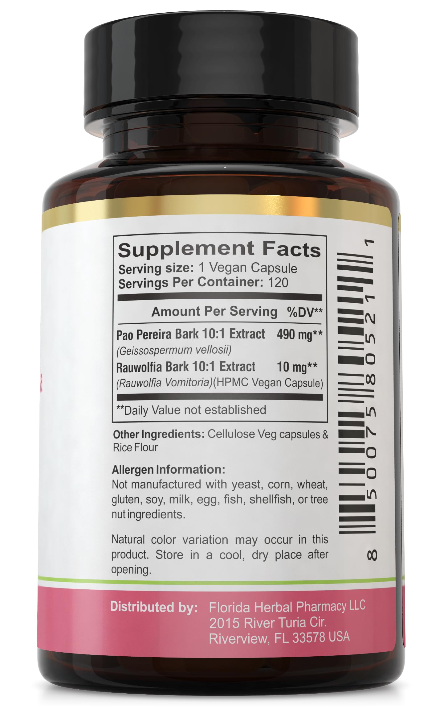 Florida Herbal Pharmacy Pao Pereira Rauwolfia Extract Capsules 10:1, 120 Capsules