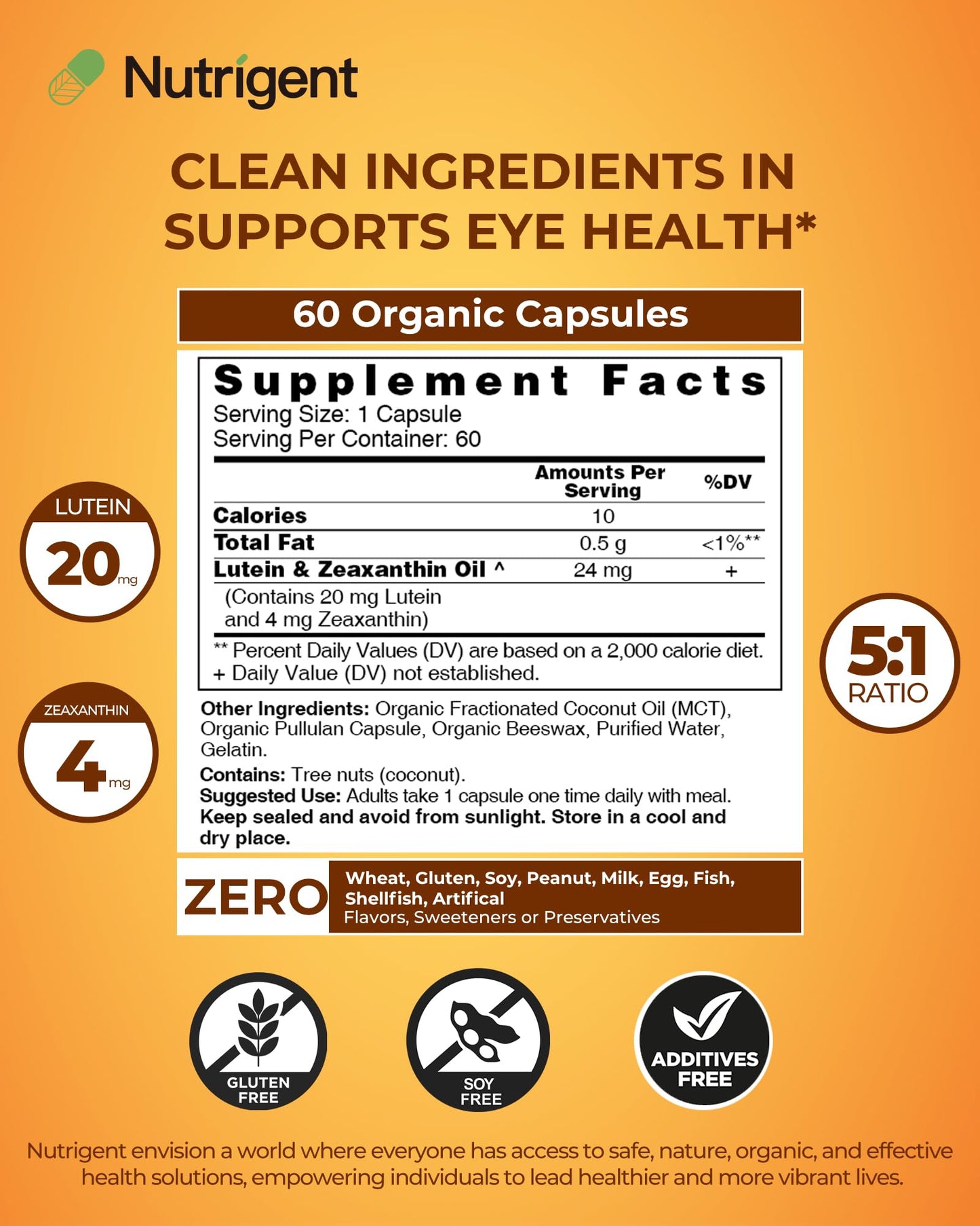 Nutrigent Lutein 20mg & Zeaxanthin 4mg Eye Support Capsules, 60 Count