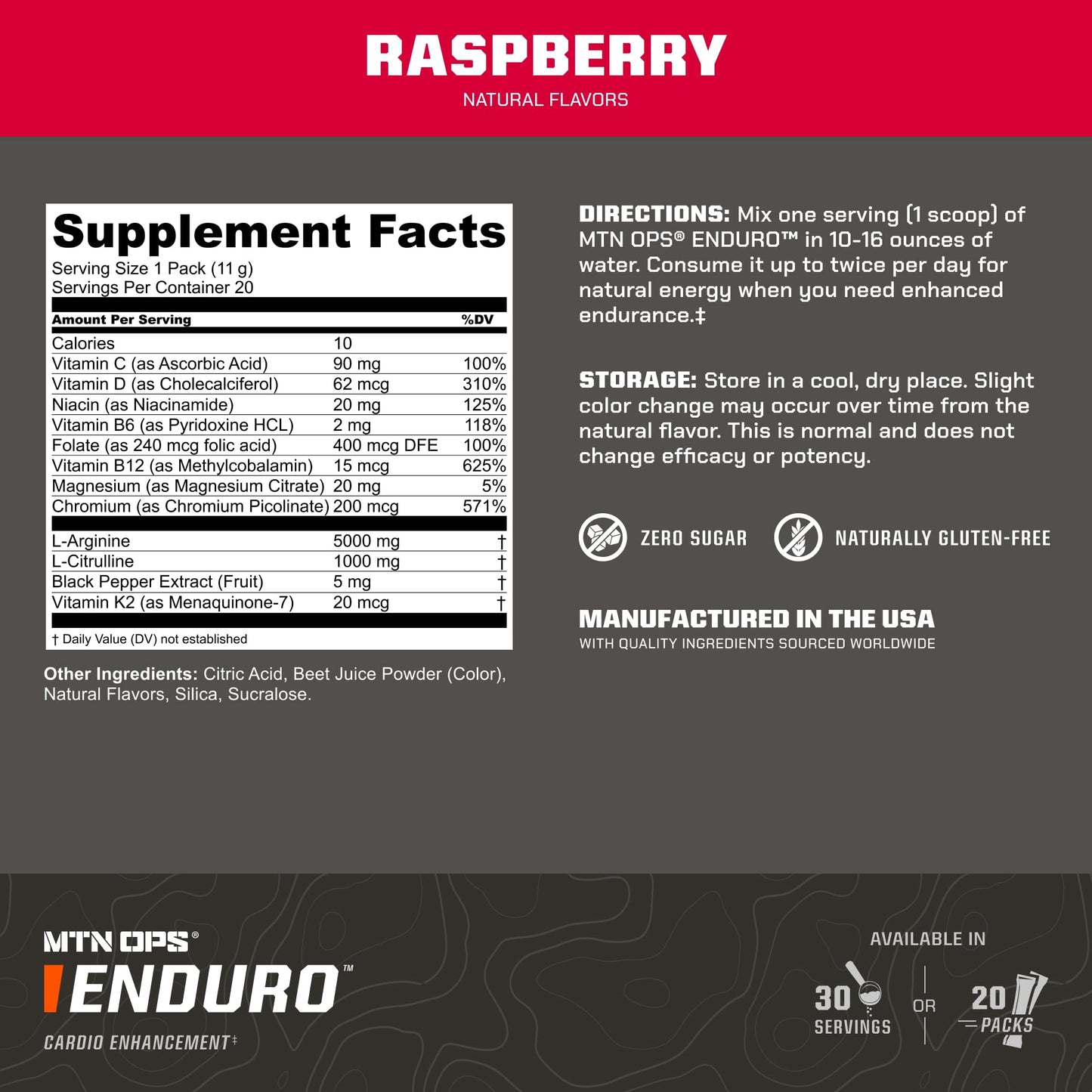 MTN OPS Enduro Nitric Oxide Pre Workout Powder, 20 Count, Raspberry