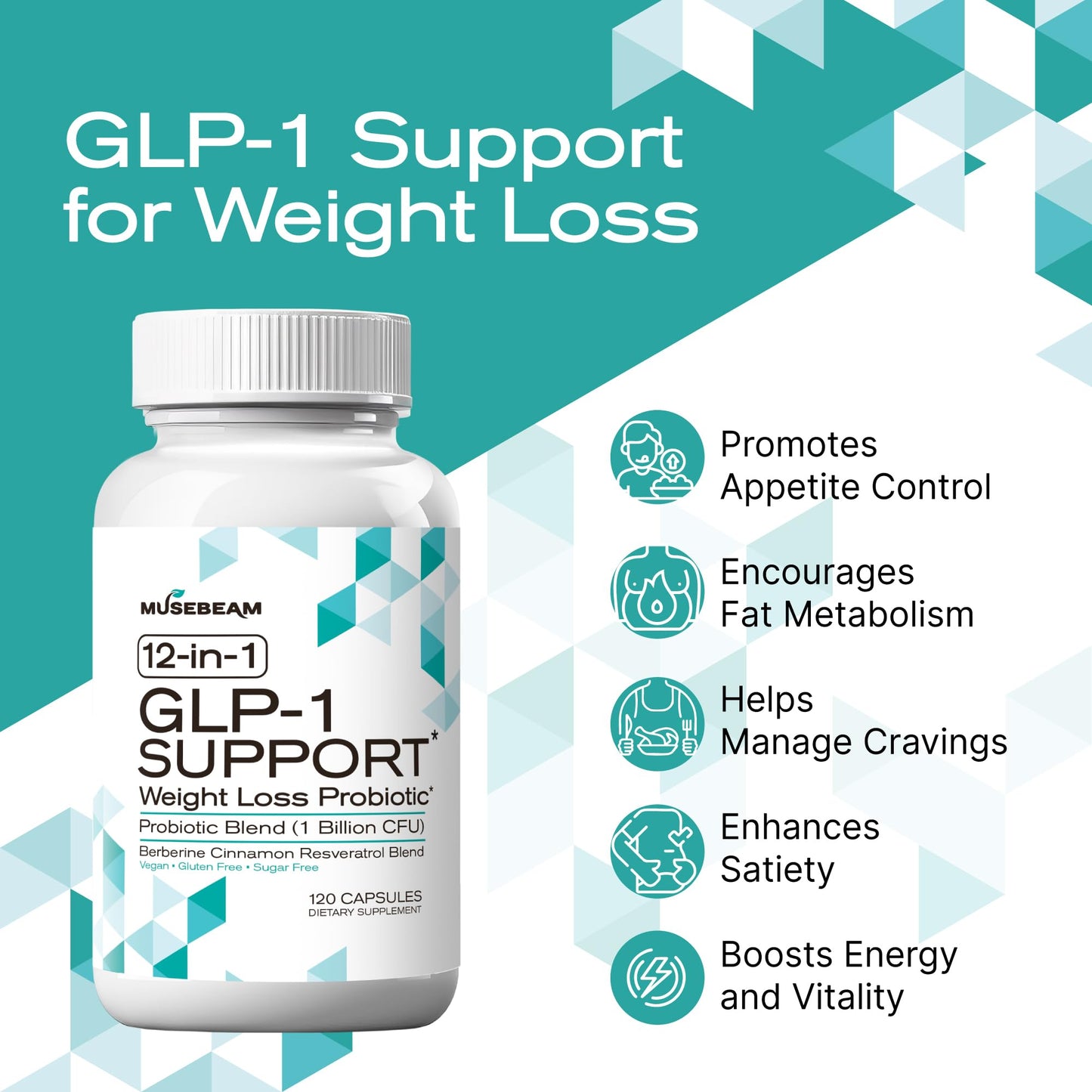 musebeam GLP-1 Support Probiotic Weight Loss Supplement with Berberine Capsule 120 Count