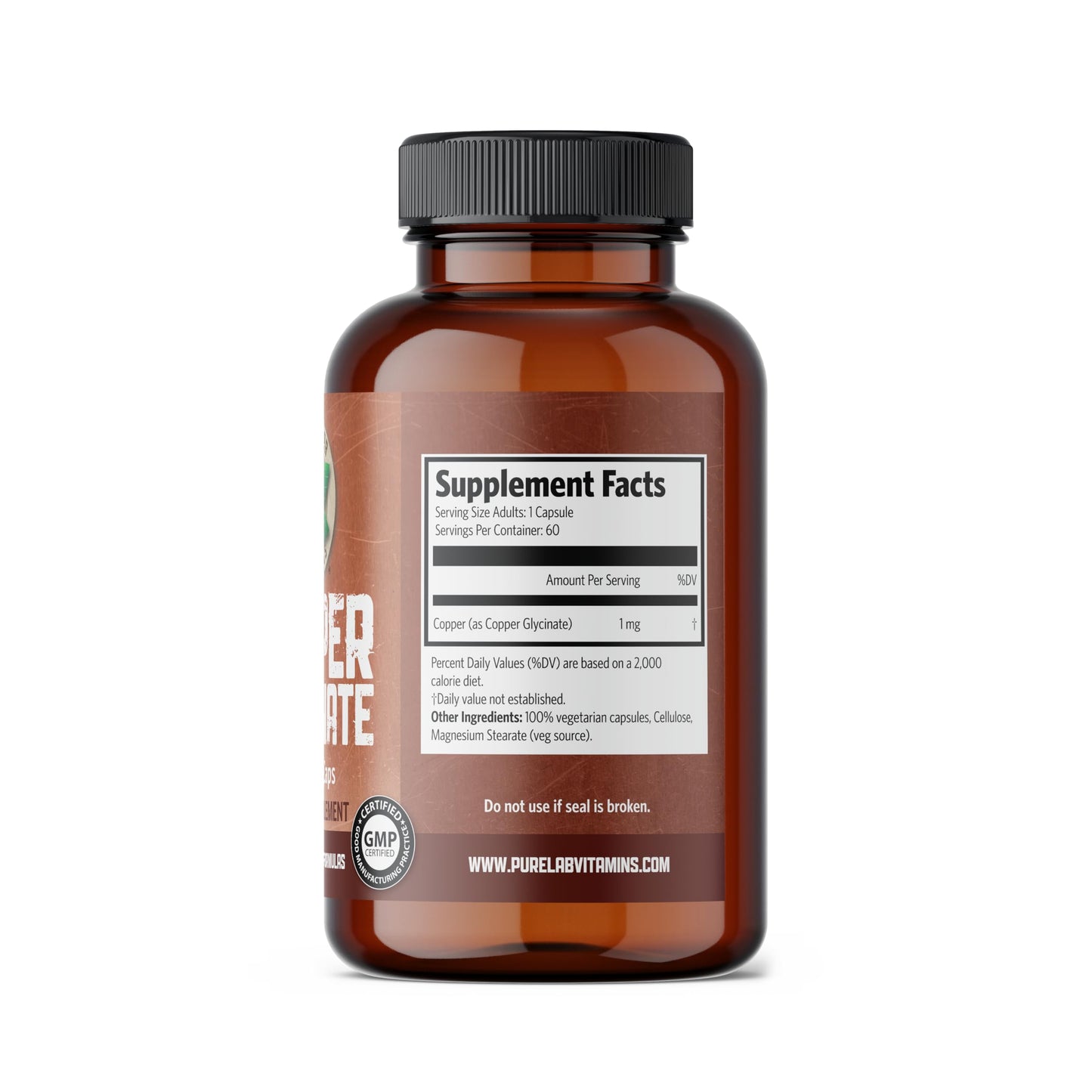 Pure Lab Vitamins Copper Glycinate 1 mg Capsule, 60 Vegi-Caps