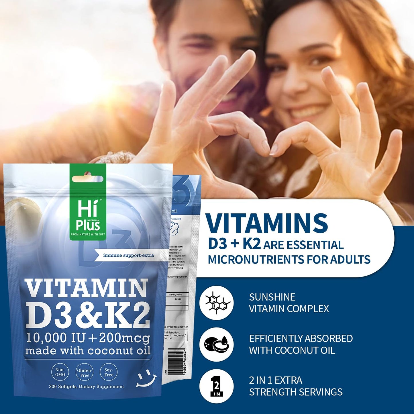 HiPlus Vitamin D3 10,000 IU + K2 200 mcg Capsule 300 Count