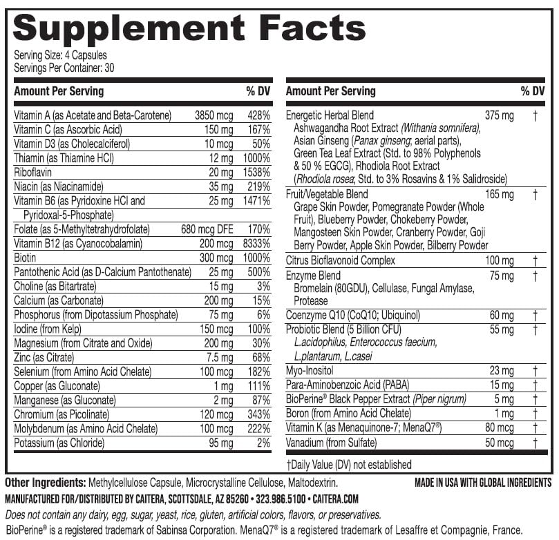 Caitera Wellness Wake-Up 6-in-1 Dietary Supplement for Men/Women, 120 Capsules