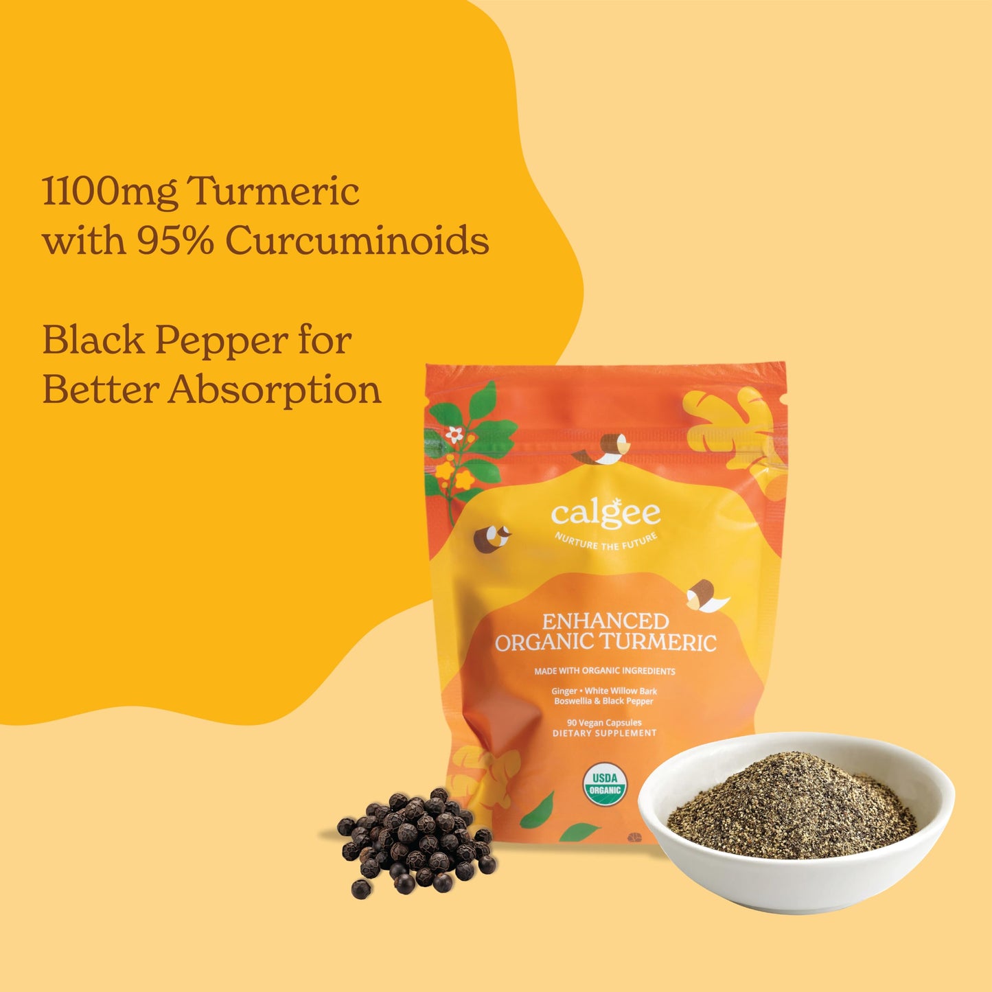 Calgee Organic Turmeric Curcumin Supplement Capsule, 180 Count