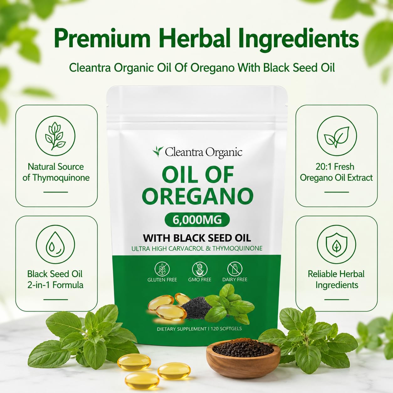 Cleantra Organic Oil of Oregano with Black Seed Oil 6000mg, 2-in-1 Oregano Oil Softgels, 120 Count