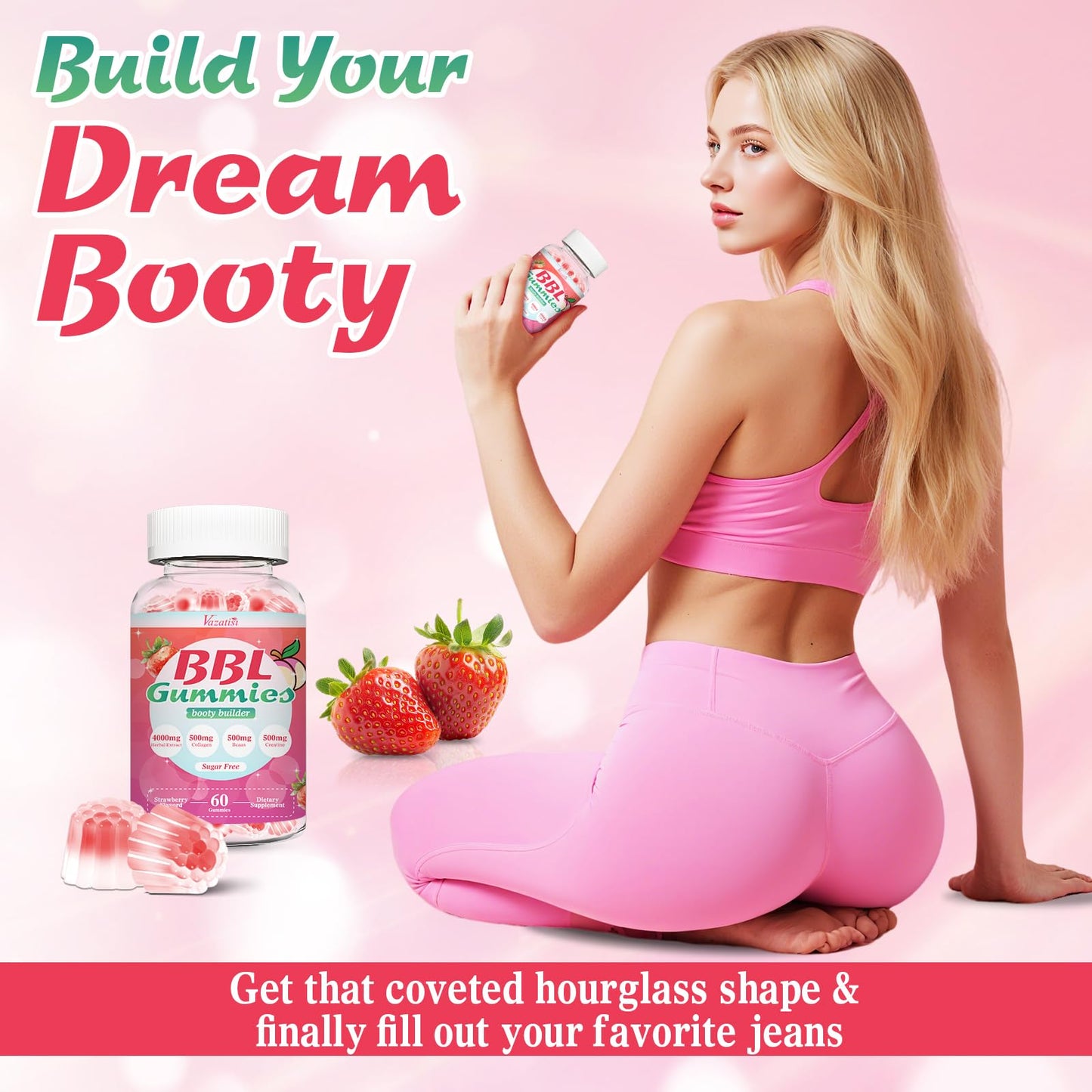 Vazatisi BBL Booty Gummies for Women – Sculpt, Lift & Firm Glutes – Creatine Monohydrate, Vitamins & Herbal BBL Blend - Boost Curves, Energy & Workout Recovery – Vegan, Non-GMO, 60 Gummies