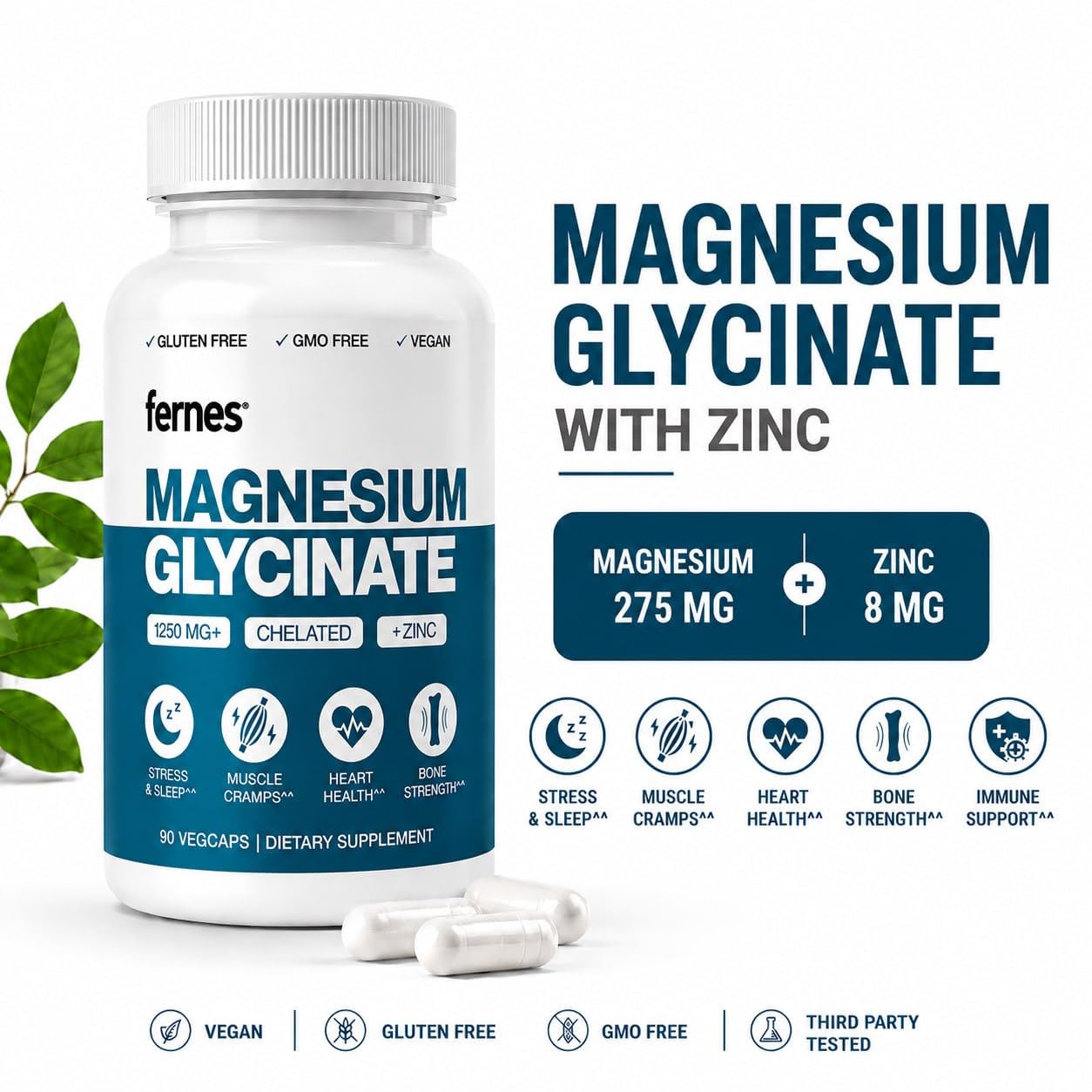 Fernes Magnesium Glycinate with Zinc, 275mg Elemental Magnesium + 8mg Zinc, 90 Capsules