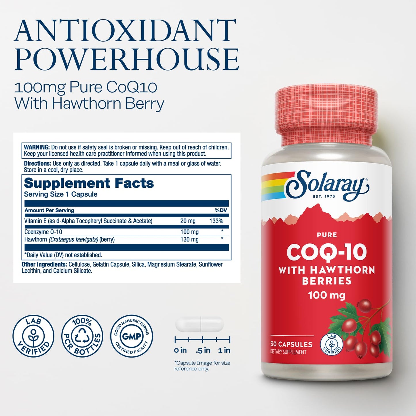Solaray Pure CoQ10 100mg with Hawthorn Berry Capsules, 30 Capsules