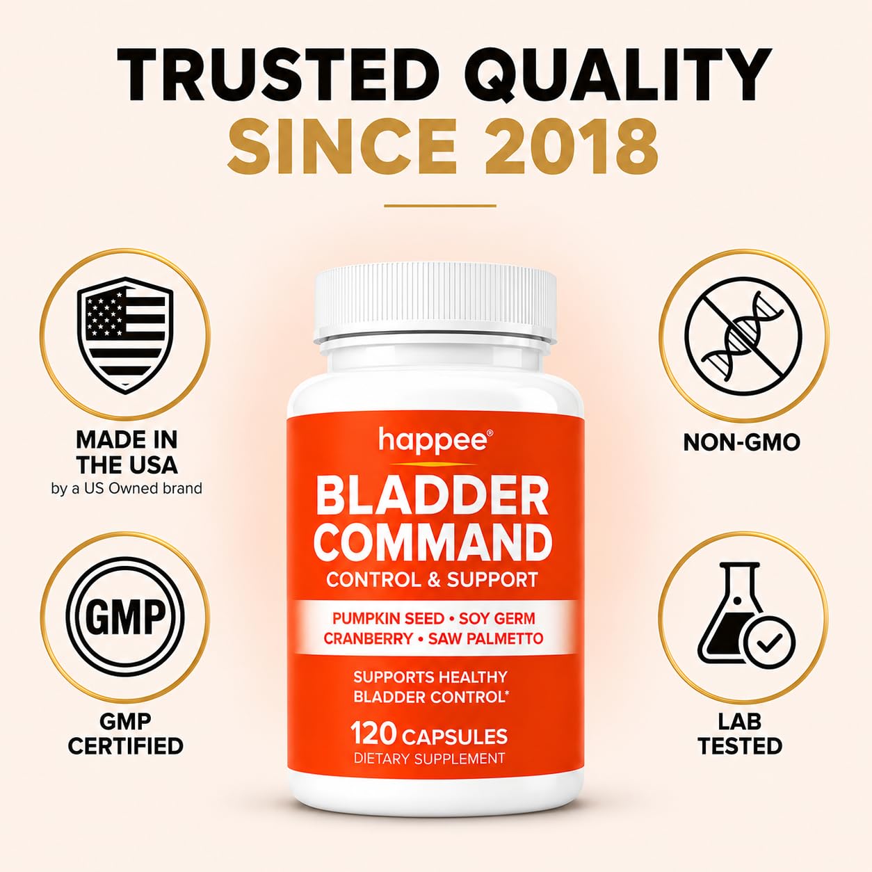 Happee Bladder Control Supplement for Women & Men 1,220mg Urinary Support Capsule 120 Capsules