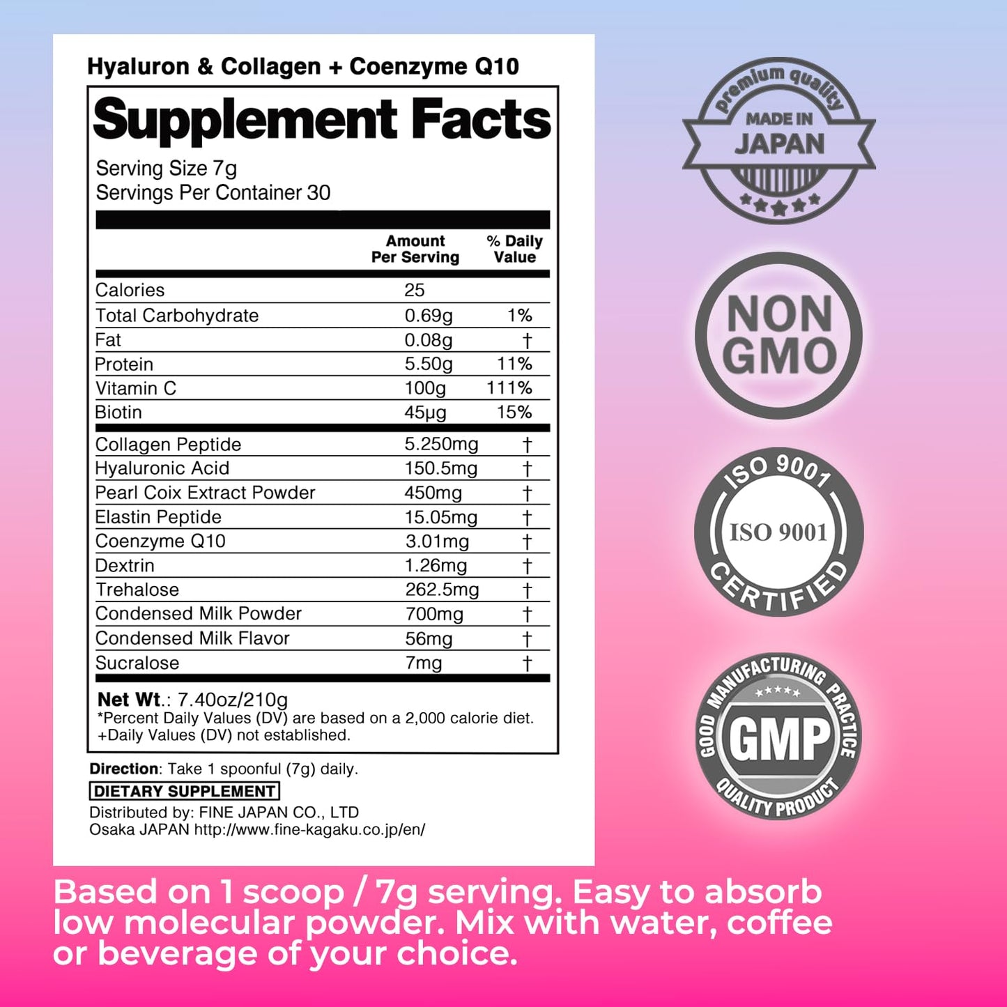 FINE JAPAN Collagen Peptides, Hyaluronic Acid & Collagen + Ubiquinol, Marine Collagen Powder with Elastin, 210 g