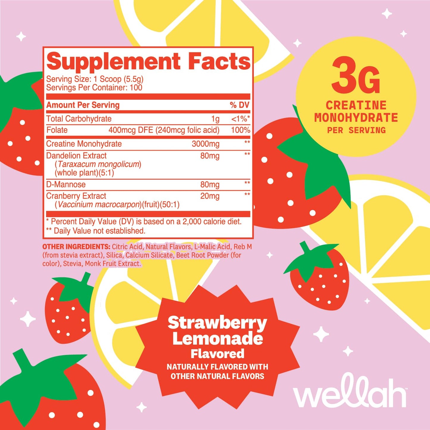 Wellah Creatine for Women (Strawberry Lemonade) Powder, 100 Servings