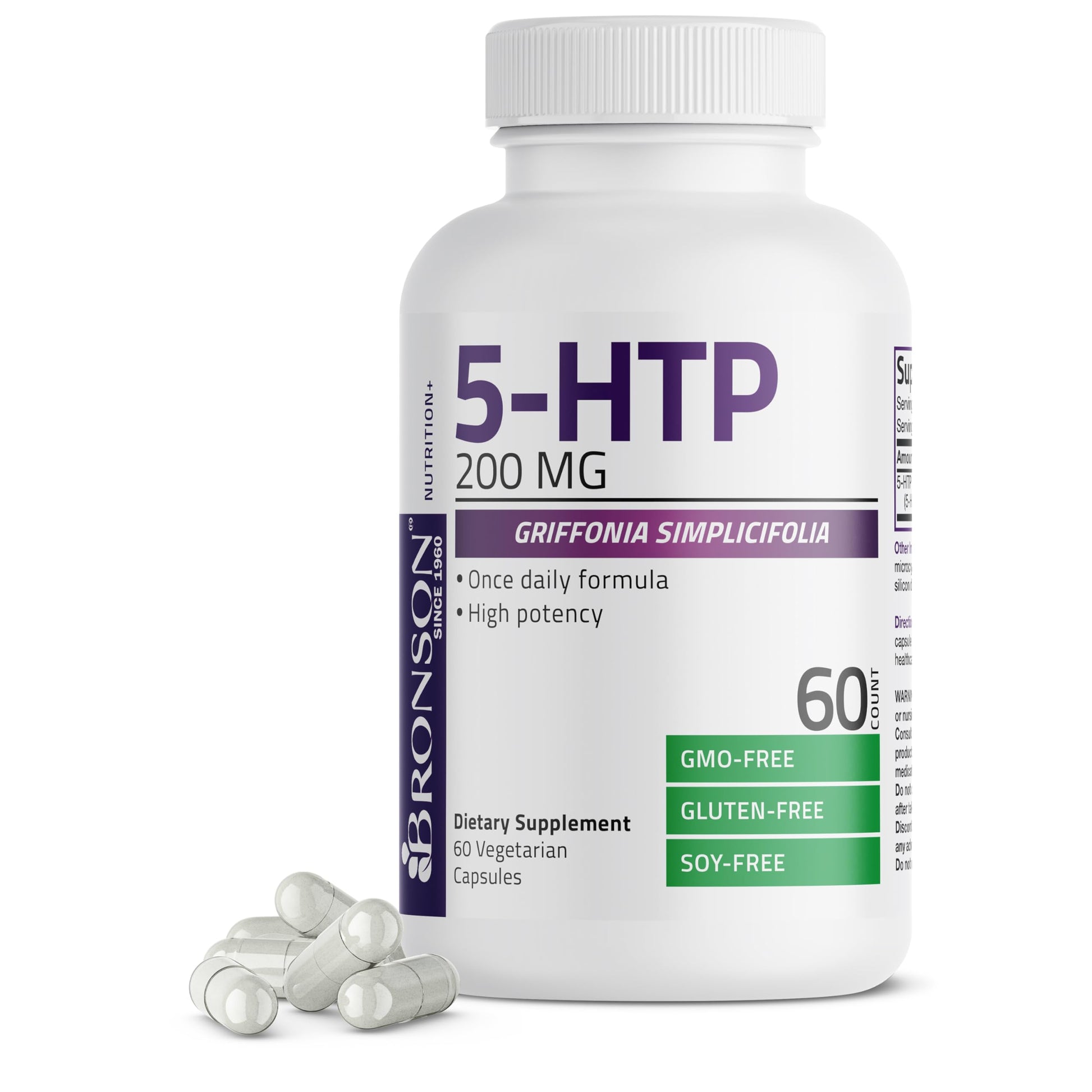 Bronson 5-HTP 200mg (5-hydroxytryptophan) Griffonia Simplicifolia Non-GMO, Capsule, 60 Count