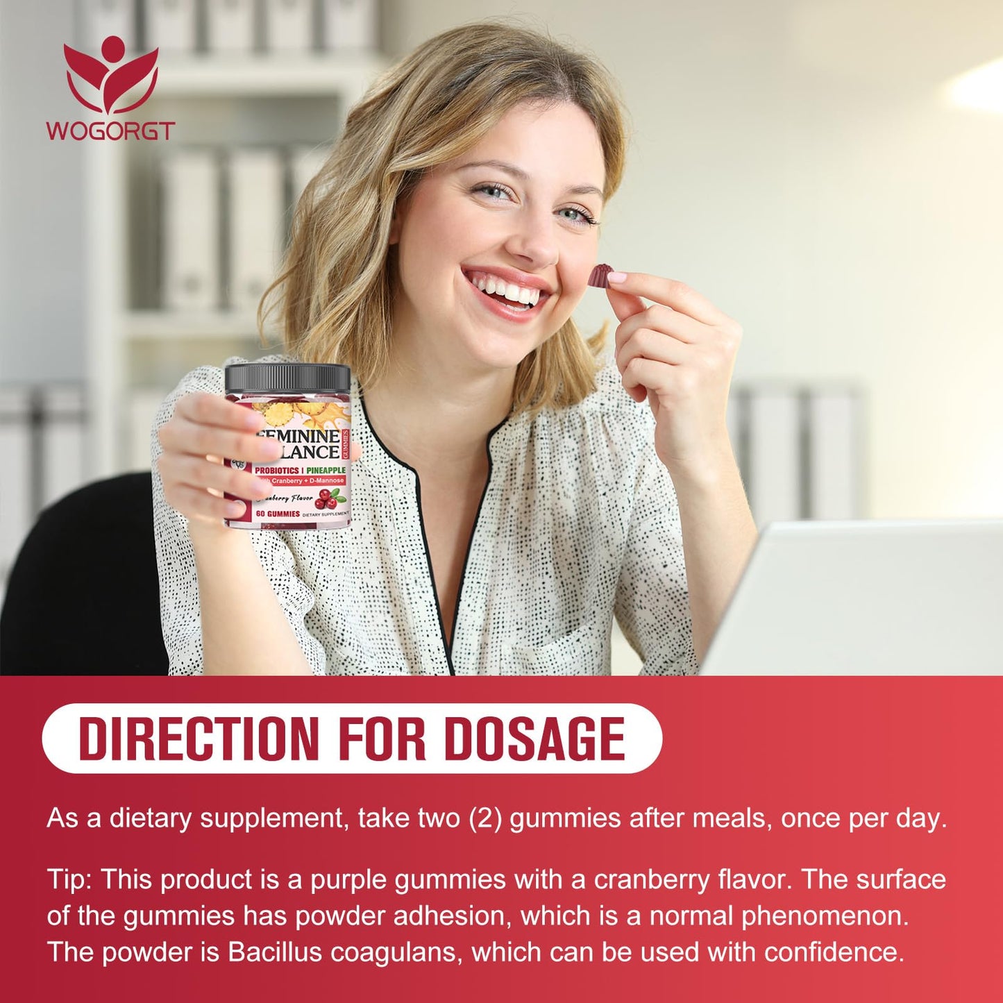 WOGORGT Feminine Balance Probiotic Gummies for Women, Vaginal Health & pH Balance Support, Cranberry Extract & D-Mannose, Sugar Free, Vegan, 60 Gummies
