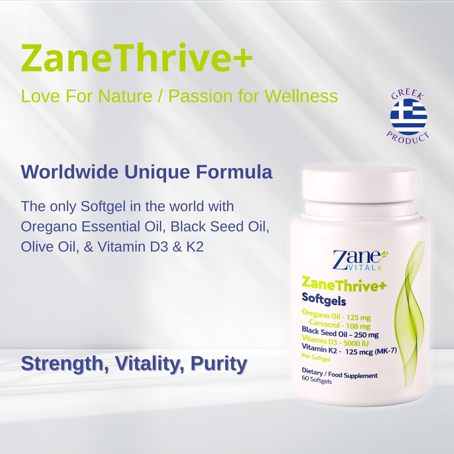 Zane VITALe Vitamin D3 & K2, Oregano Oil, Black Seed Oil Supplement 60 Softgels